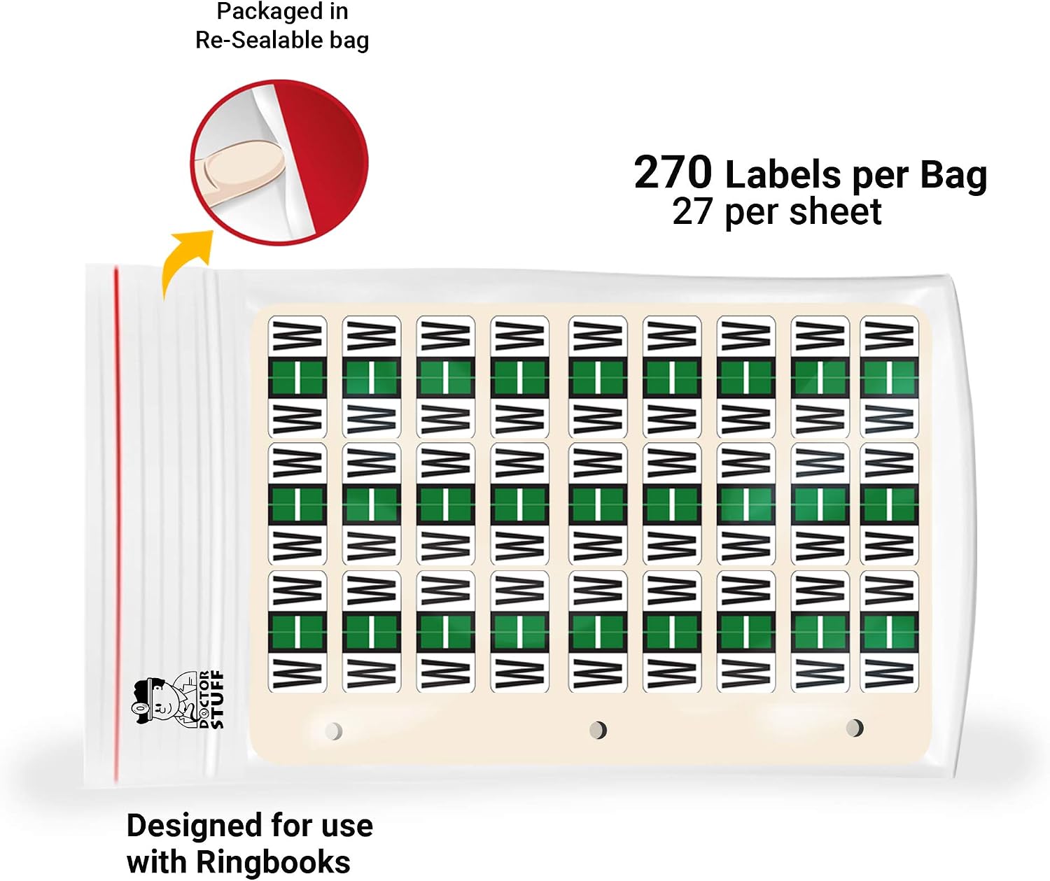 Doctor Stuff - File Folder Labels, Reynolds & Reynolds ColorFile Compatible Alphabet Labels, 3-Ring Binder Sheets - Letter W, Green, 3/4" x 1-1/2", Package of 270 Labels