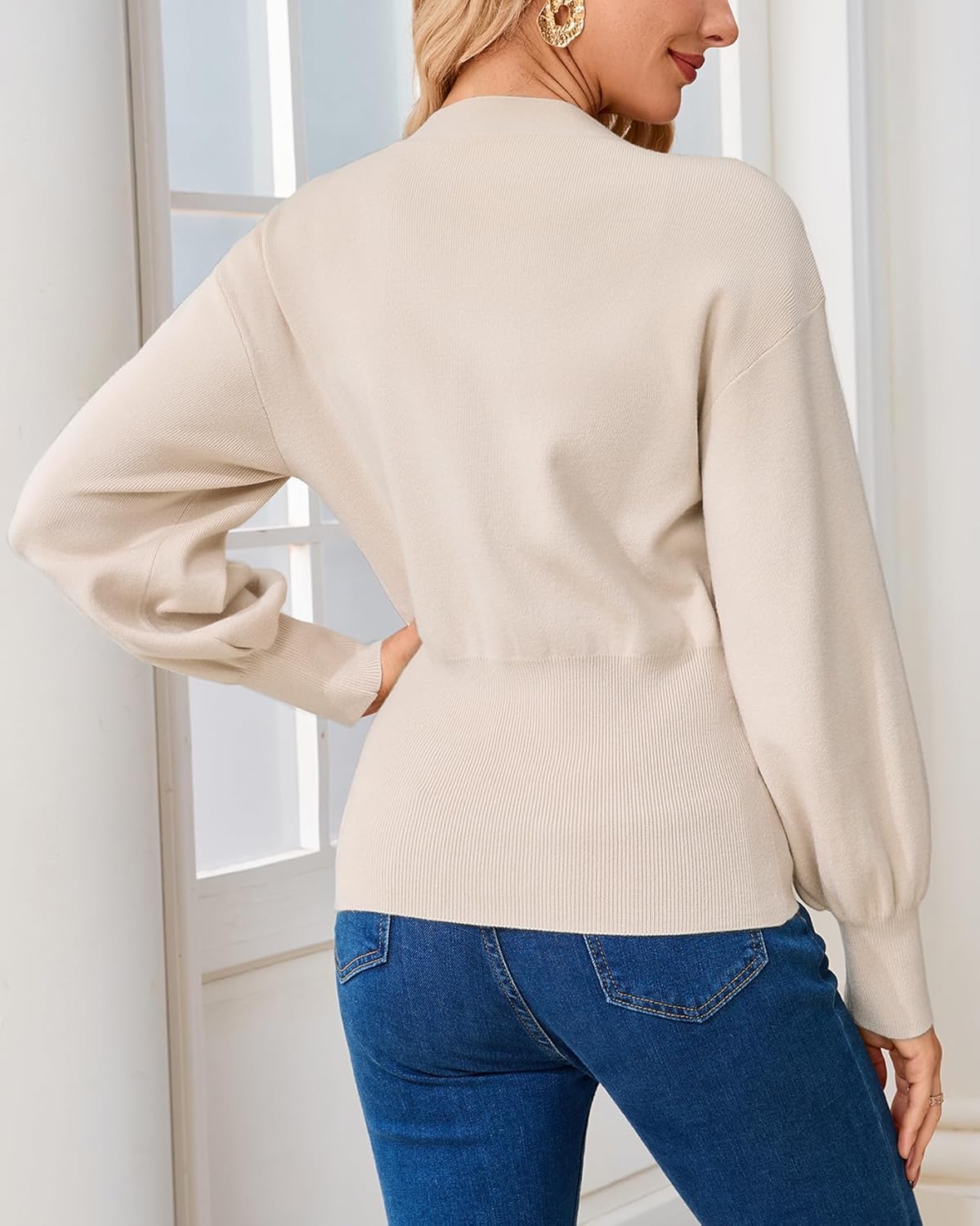 Women's Deep V Neck Pullover Sweater Long Lantern Sleeve Knit Jumper Top Casual Elegant Fall Winter Sweaters - Image 3