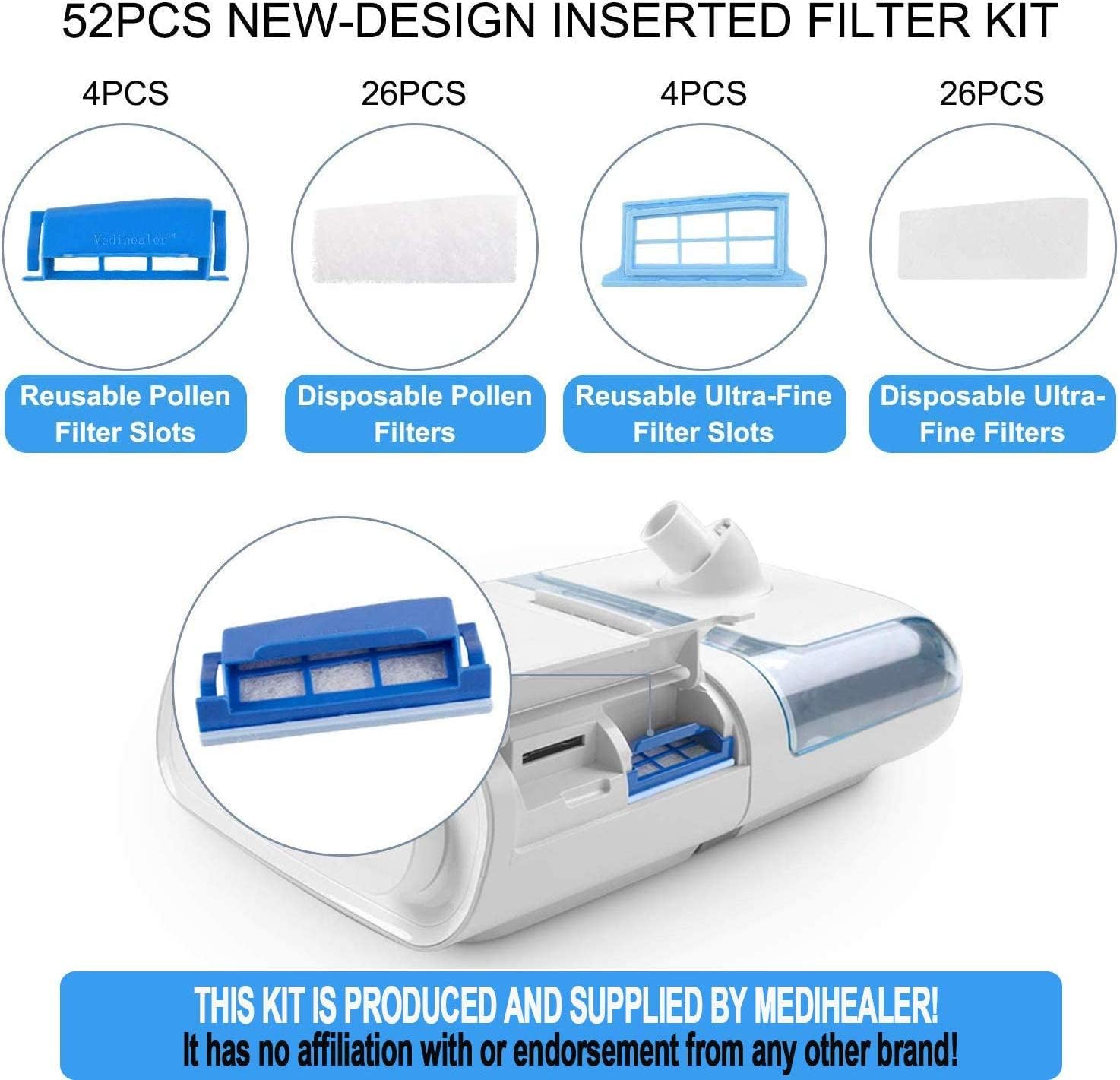 52PCS CPAP Filter Kit Compatible with DreamStation 1, Includes 22 Pollen Filters, 22 Ultra-Fine Filters and 4 Assembled Filters, Reusable Filter Kit Supplies by Medihealer