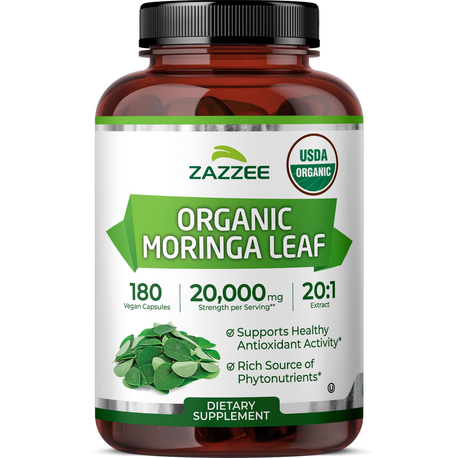 USDA Organic Moringa Leaf 20:1 Extract, 180 Vegan Capsules, 3 Month Supply, Certified Kosher, Moringa Oleifera, Antioxidant, Immune & Cellular Support, Superfood Supplement, Made in the USA