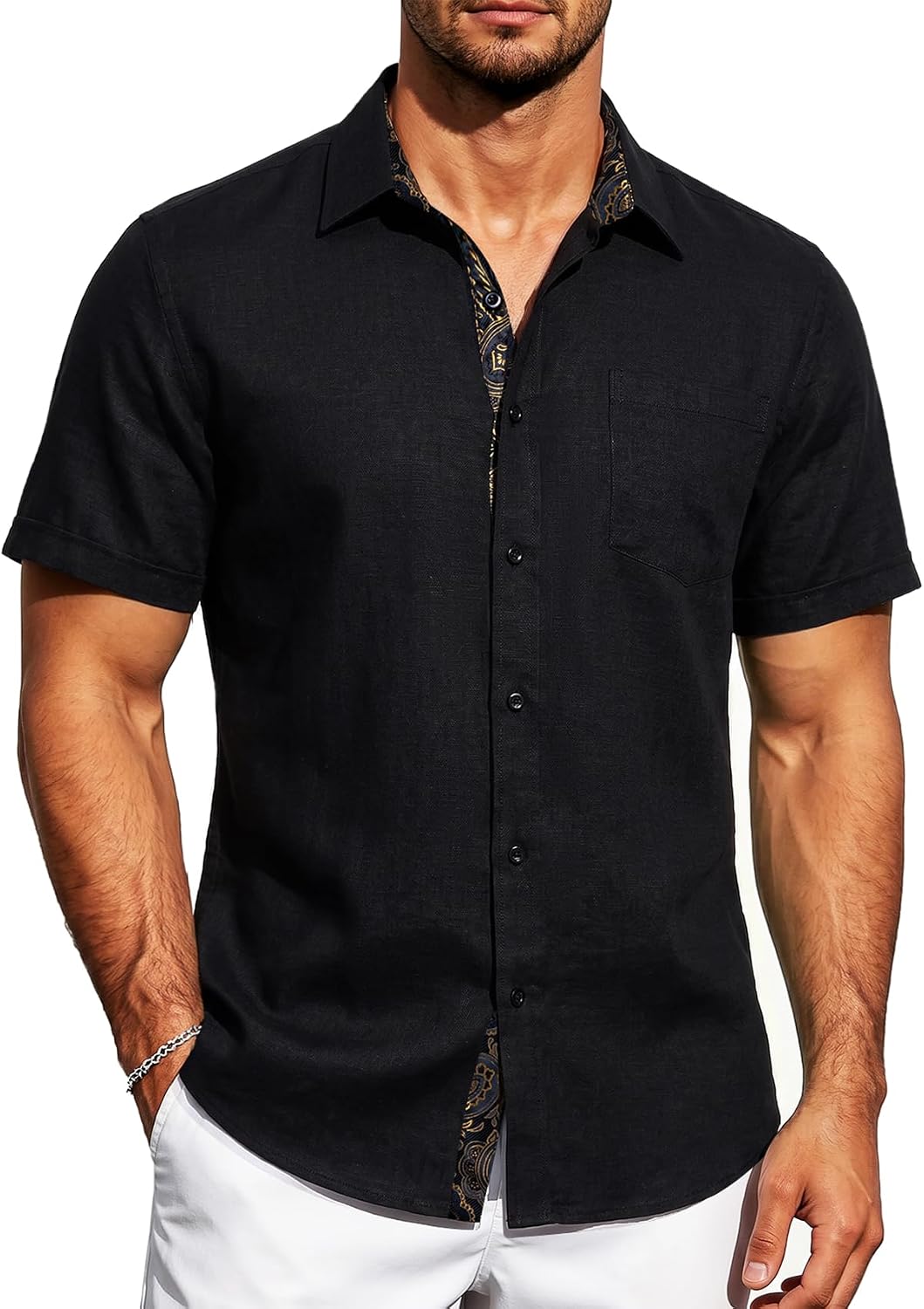 DiBanGu Mens Linen Dress Shirt Casual Lightweight Button Down Short Sleeve Shirts for Beach Vacation Summer Tops Daily Wear