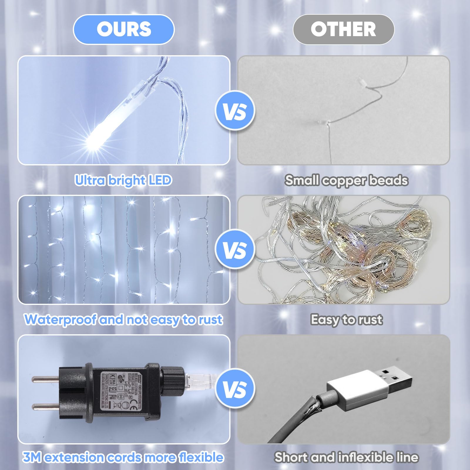 Elegear Kurtyna świetlna na zewnątrz, 6 x 3 m, 600 diod LED, z lodowym