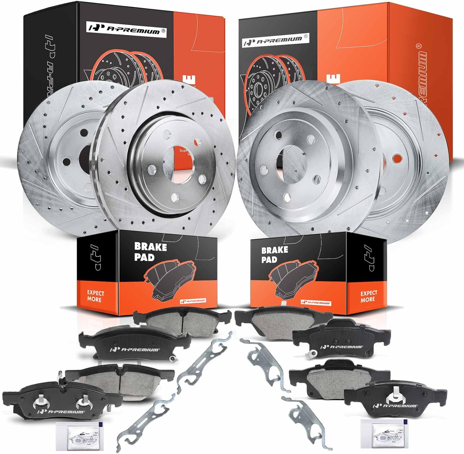 A-Premium Front and Rear Drilled and Slotted Disc Brake Rotors + Ceramic Pads Kit Compatible with Select Dodge and Jeep Models - Durango 2011-2020 3.6L, Grand Cherokee 2011-2018, 12-PC Set