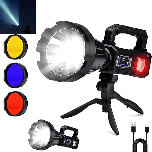 Miniatura 9 de Linternas recargables de alto lúmenes 990,000L, 3 modos súper brillantes 140° más amplio haz LED táctico luz flash de mano con USB C, haz zoomable