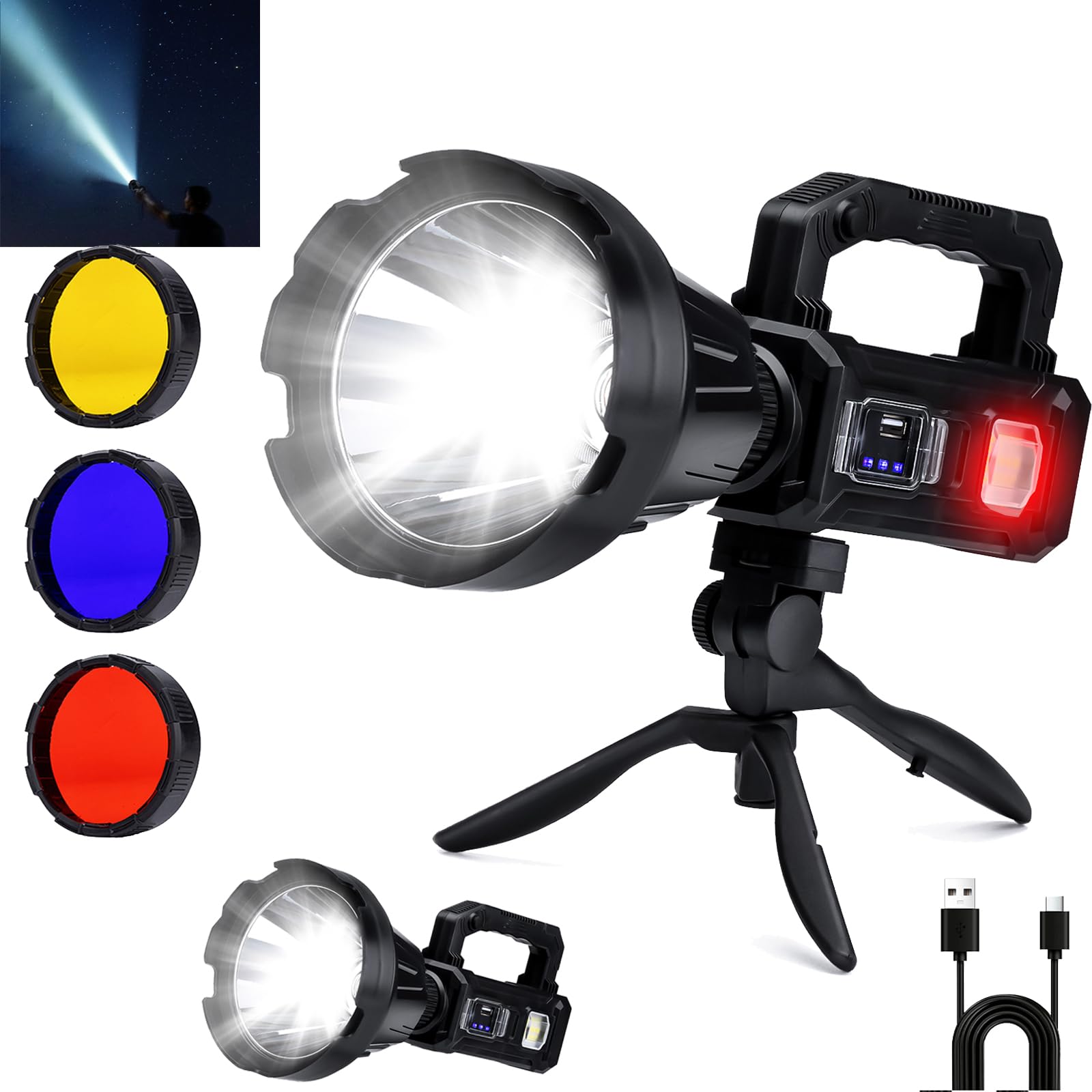 Wiederaufladbarer Strahler, 2.000.000 Lumen, LED-Solar-Strahler, Outdoor-Handlampe, lange Reichweite, Taschenlampe mit 6 Modi, USB-Ausgang, USB C, IPX5 wasserdicht für Angeln, Bootfahren