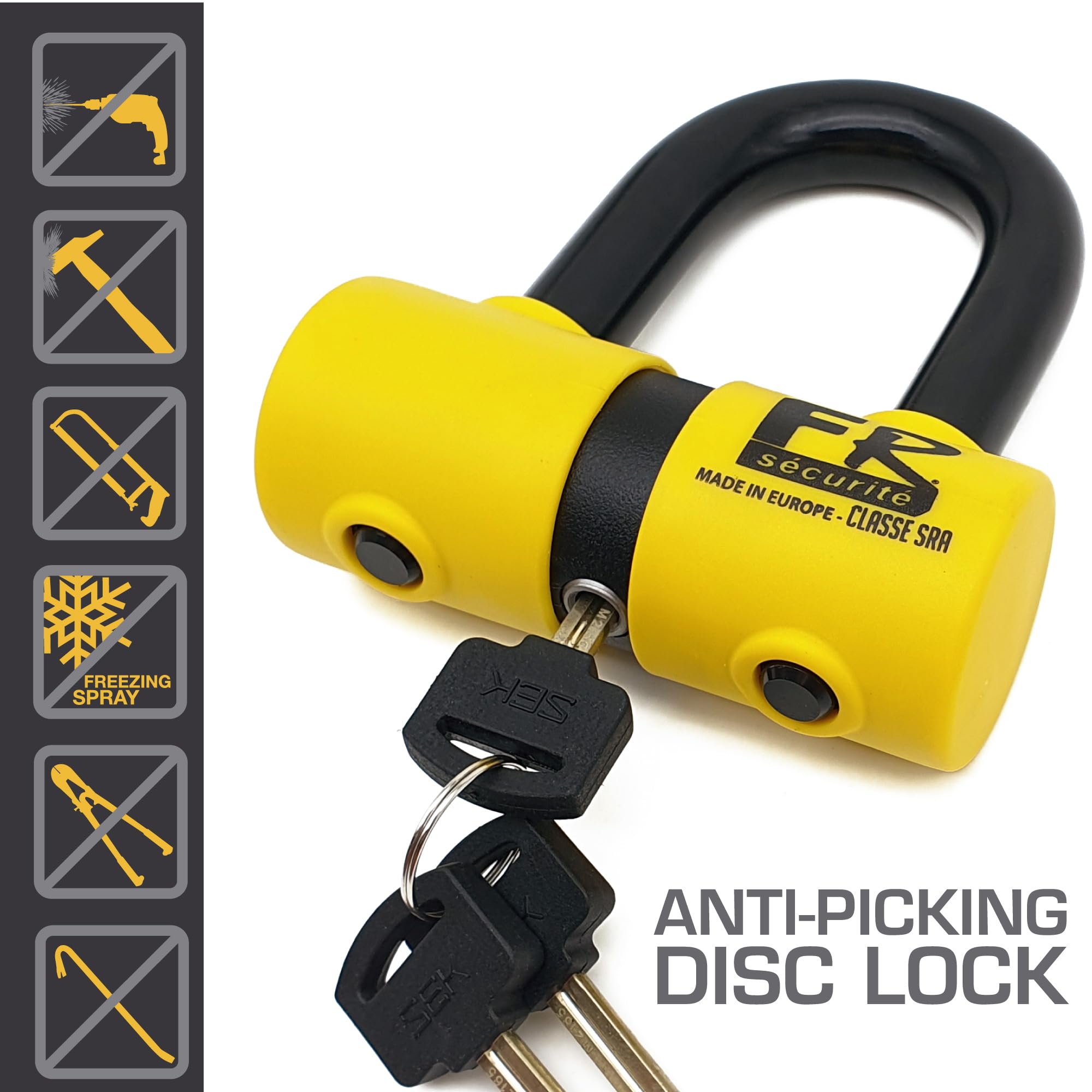 FR SECURITE FR50 Antivol Moto Homologué SRA, Bloque Disque Mini U ø18mm en Acier Cémenté, Testé contre Sciage Coupe-Boulons, Bloc Disque Double Verrouillage, Serrure Haute Sécurité Anti-Crochetage