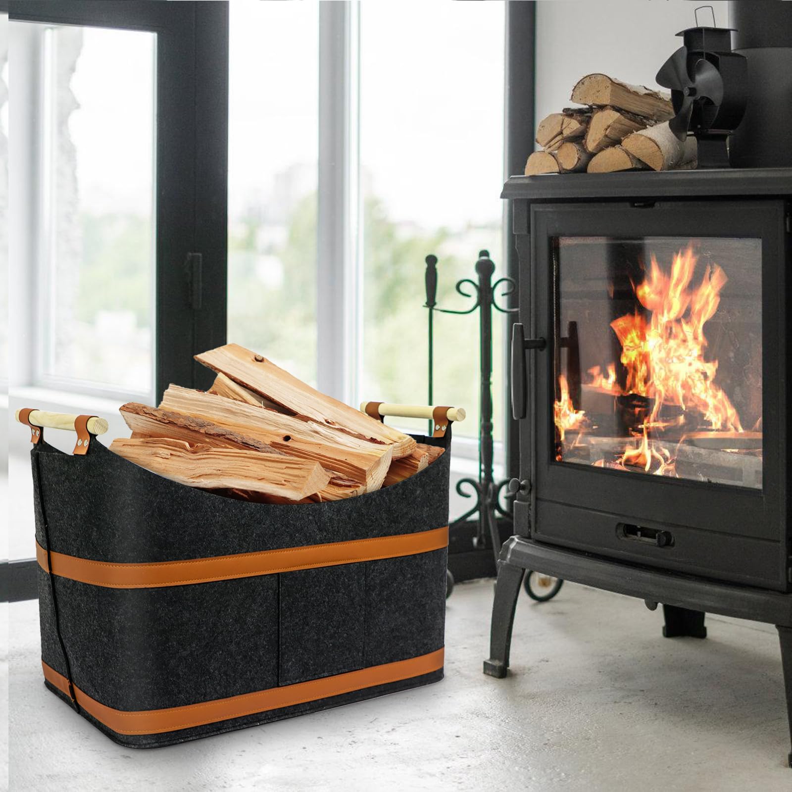 Panier à Bois En Feutre BLACK OAK 60 Litres – Avec Poches, Poignées Cuir, Pliable, Pour Cheminée !