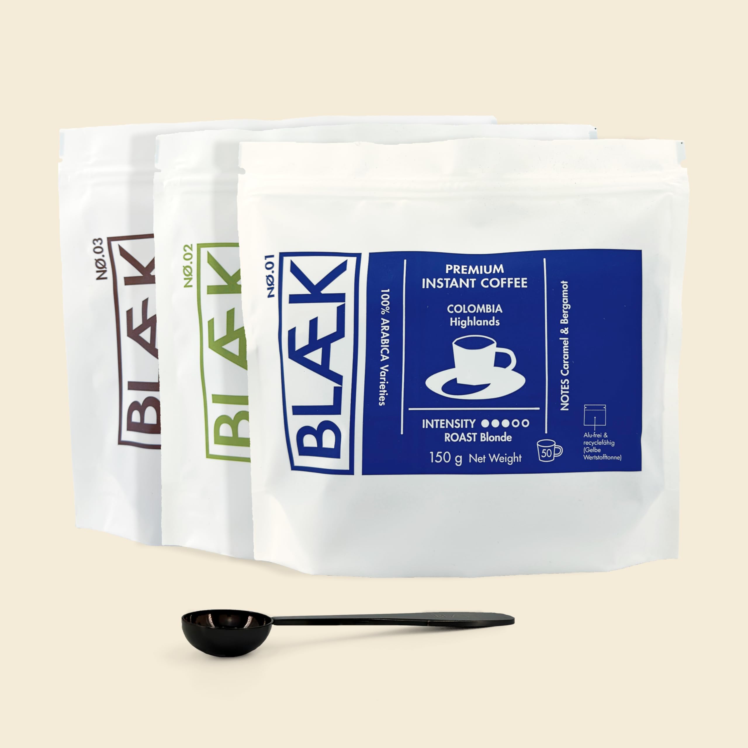 Specialty Instant Kaffee: Blaek Mix 3er Set 150g Bag | löslicher Premium Coffee To Go Pouch säurearm & mild | Arabica Hochland Kaffeebohnen: Medium Roast Espresso koffeinfrei | Hotel Camping Reise