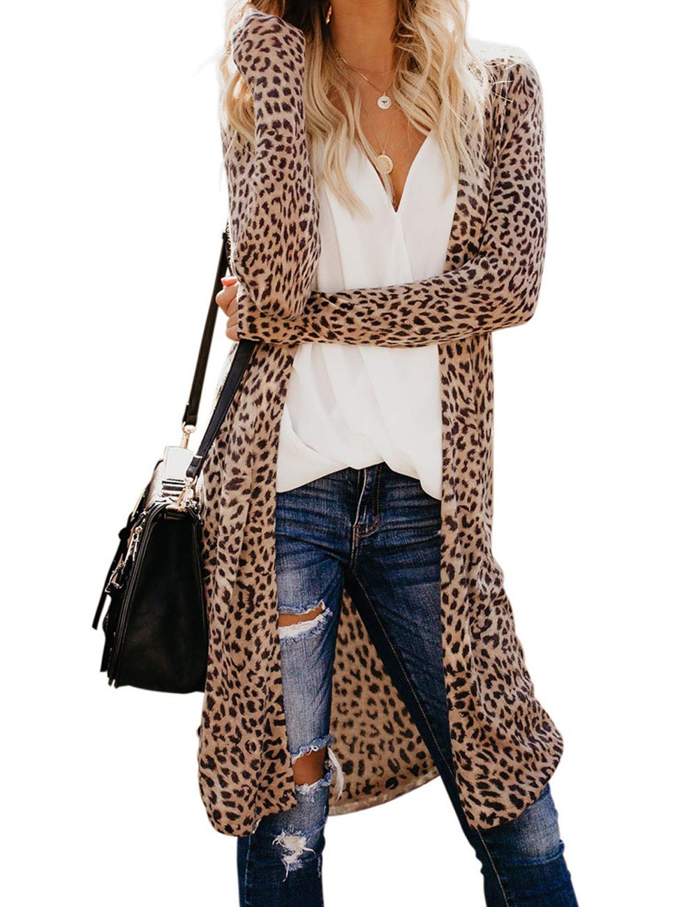Womens Leopard Print Cardigan Lightweight Long Sleeve Open Front Fall Cardigans S-XXL