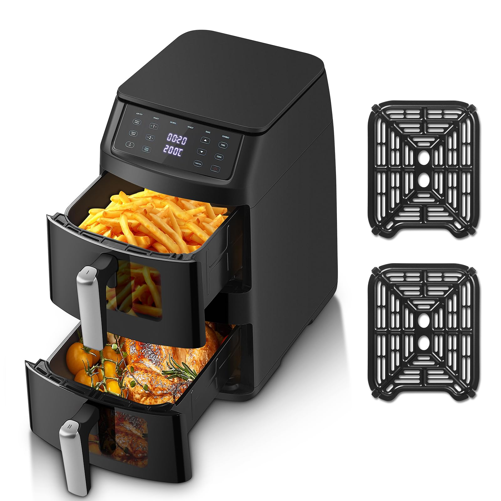 Doppelkammer Heißluftfritteuse, TopStrong Vertikale Double Stack Airfryer 2 Kammern mit Sichtfenster, Platzsparendes Design, 6 Funktionen, 2500W, Gleichmäßiges Garen & Wende-Erinnerung, 11L