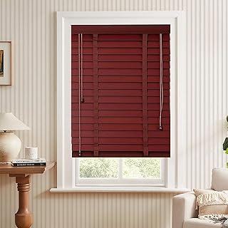 2 inch Wood Blinds for Indoor Custom Horizontal Window Shades Privacy Blackout Faux Venetian Wooden Blinds for Kitchen, Living Room, Bathroom, Office(Wine RED)