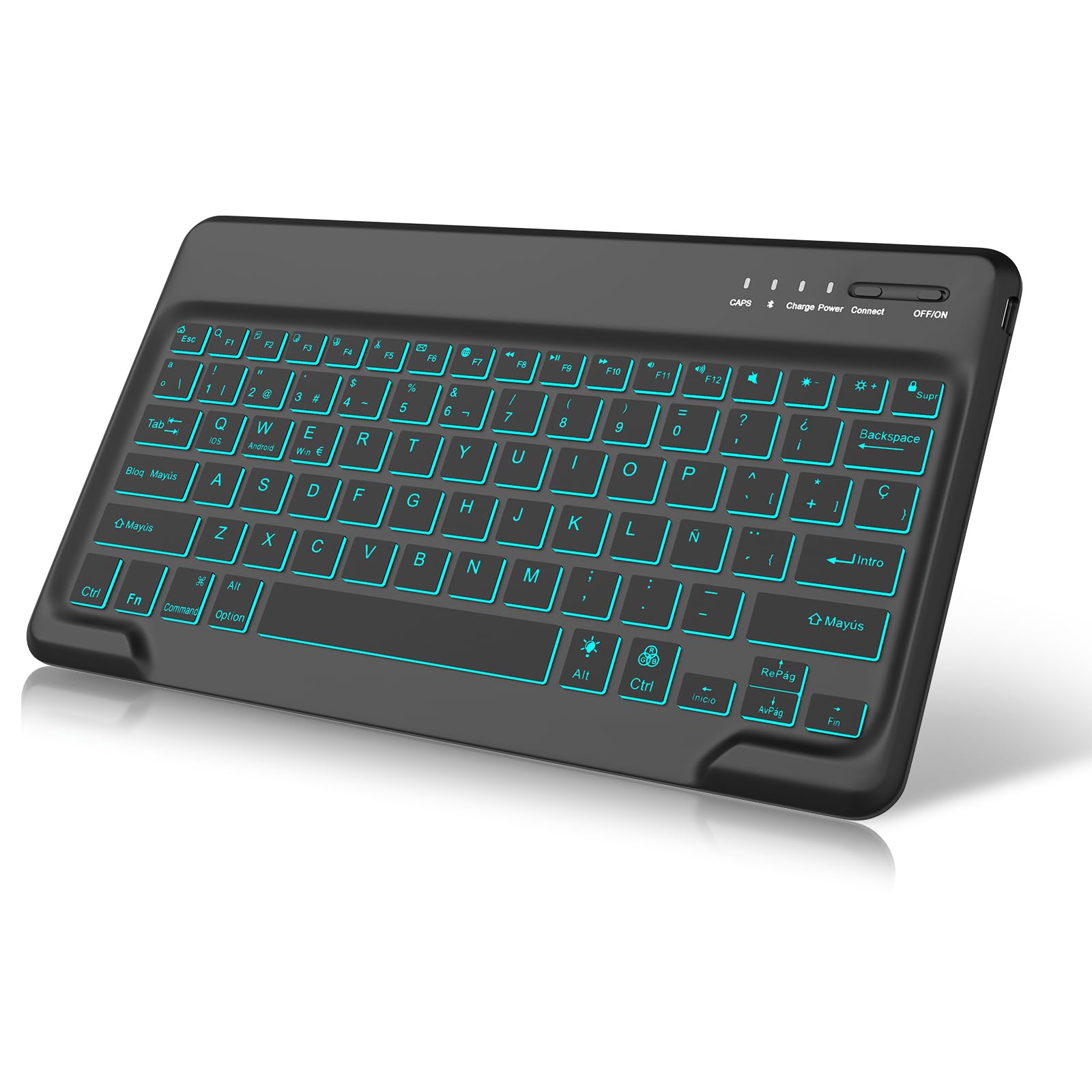 Teclado Retroiluminado Español Ñ Bluetooth Inalámbrico, Light Teclado Inalámbrico Portátil para Tablet, iOS, Android y Windows, Negro
