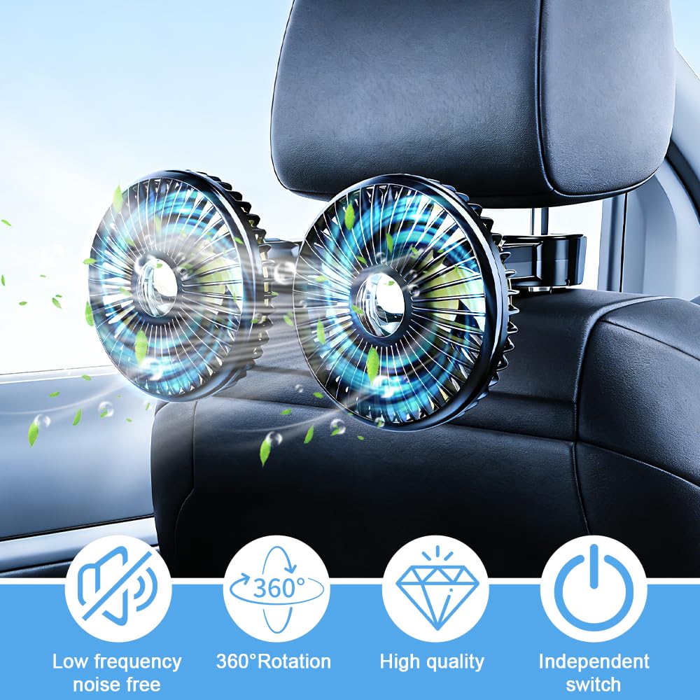 Mineup Ventilatore Per Auto Doppia Testa, Ventilatore USB Per Auto Per Sedile Posteriore, Ventilator 360° Ruotabile Portatile, 3 Velocità, Controllo Separato, Ricaricabile, Per Camion Furgone SUV RV