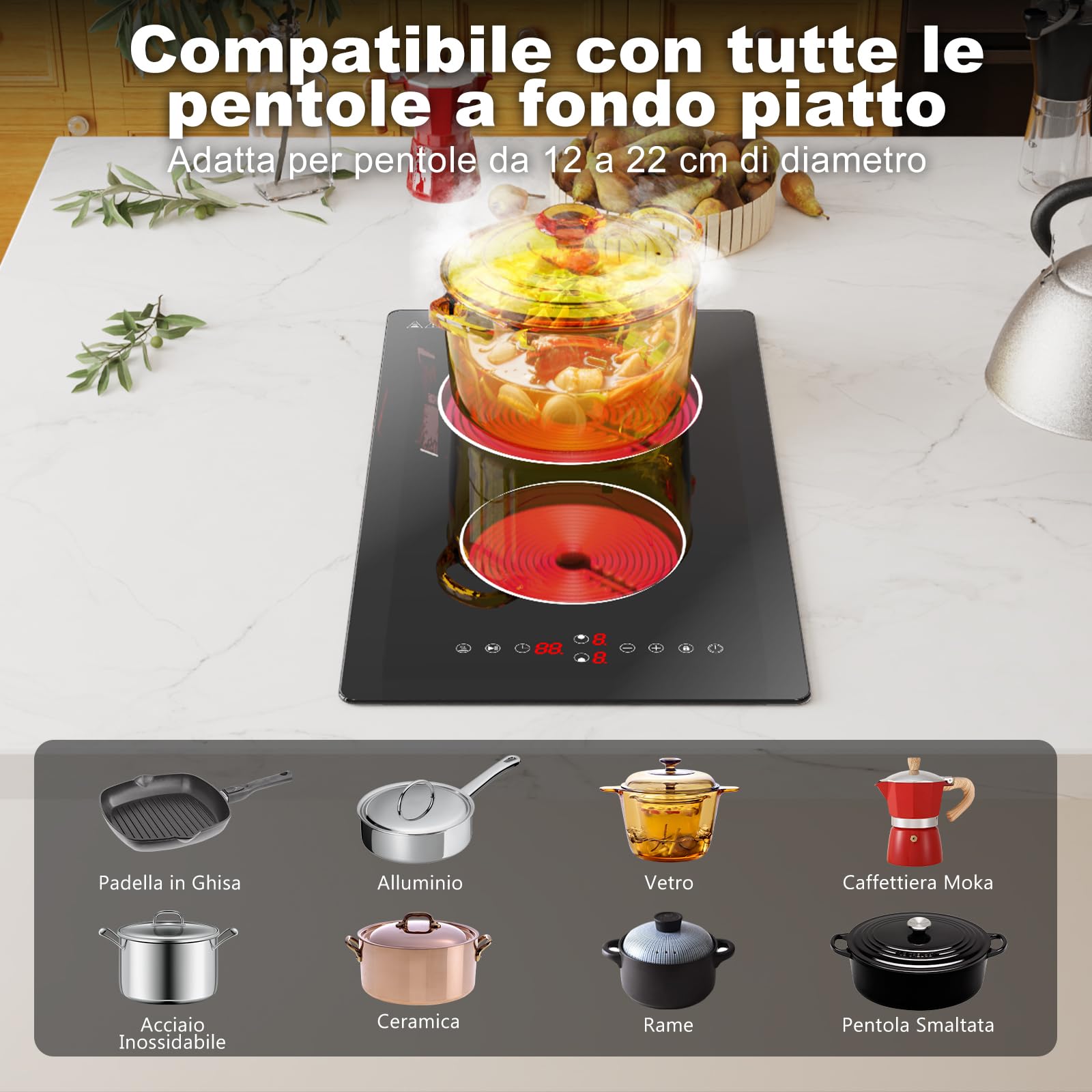 Piastra da Cucina Elettrica a Due Fuochi a Infrarossi per Cucinare, Piano Cottura da 3000W Domino da Inserire, Stufa a Due Elementi Riscaldanti, Cucina Incorporata a 230V