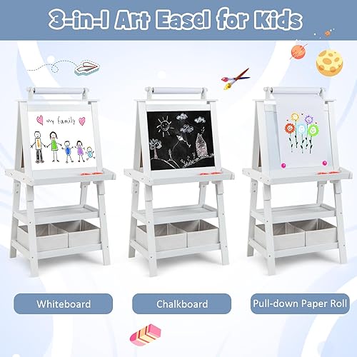 Miniatura 3 de OLAKIDS Caballete para niños, caballete de madera 3 en 1 con tablero de dibujo de doble cara, pizarra blanca magnética y pizarra, caballete de