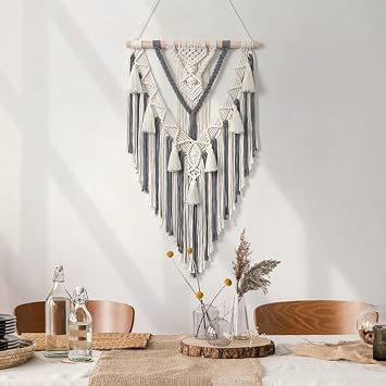 Dremisland Boho Macrame Wall Hanging Geometric Woven Tapestry Beige & Grey Cotton Handmade Bohemian Art with Tassel Craft Ornament for Bedroom Living Room Apartment Nursery