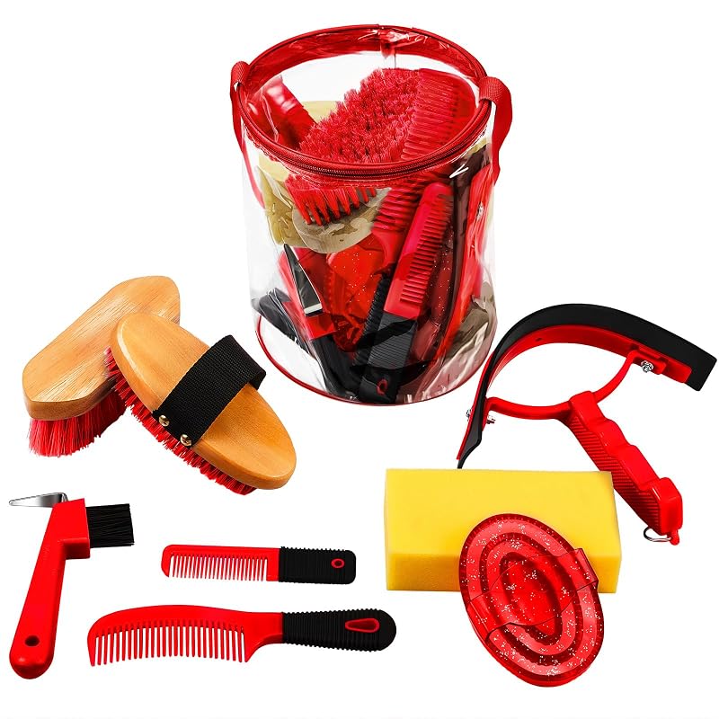 Kit de Higiene e Tosa para Cavalos Cunhill com Escovas e Acessórios, Vermelho, 9 Peças