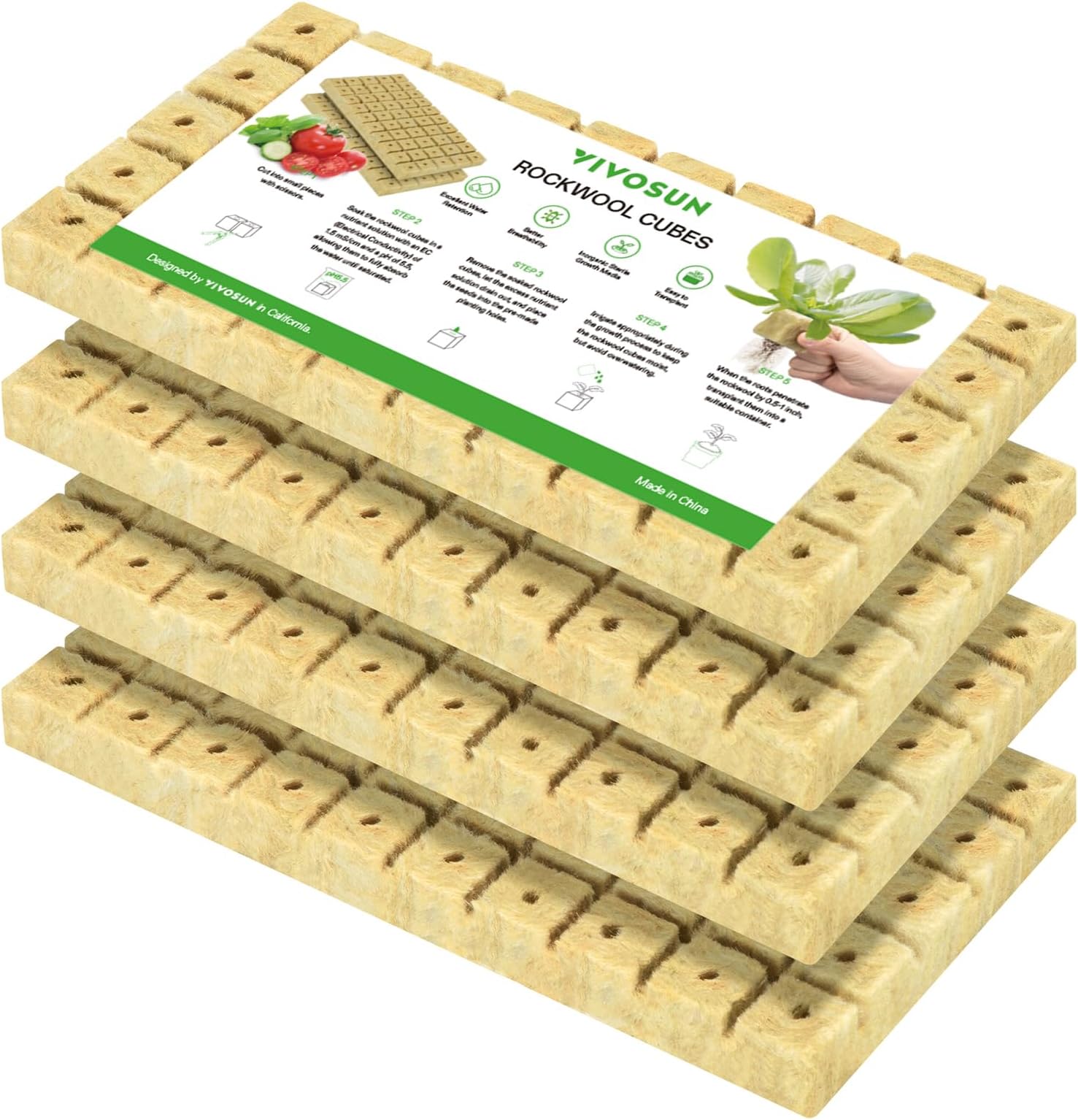 1" Rockwool Cubes, Stonewool Grow Cubes Starter Sheets, 1 Sheet of 50 Plugs, Total 4 Sheets of 200 Plugs