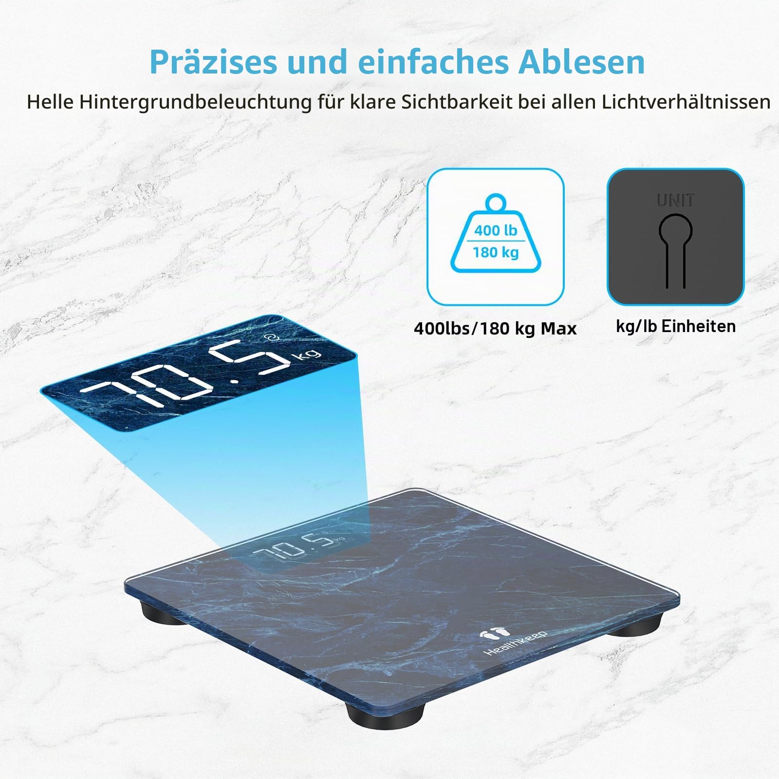 Healthkeep Digitale Personenwaage, hohe Präzision, mit Step-on-Technologie, LED-Anzeige, schlankes Design, max. 180 kg/400 lb, marmorierblau