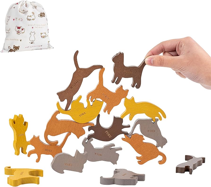 Amazon | Shinse 積み木 猫ちゃん 16匹入り バランスゲーム 木の