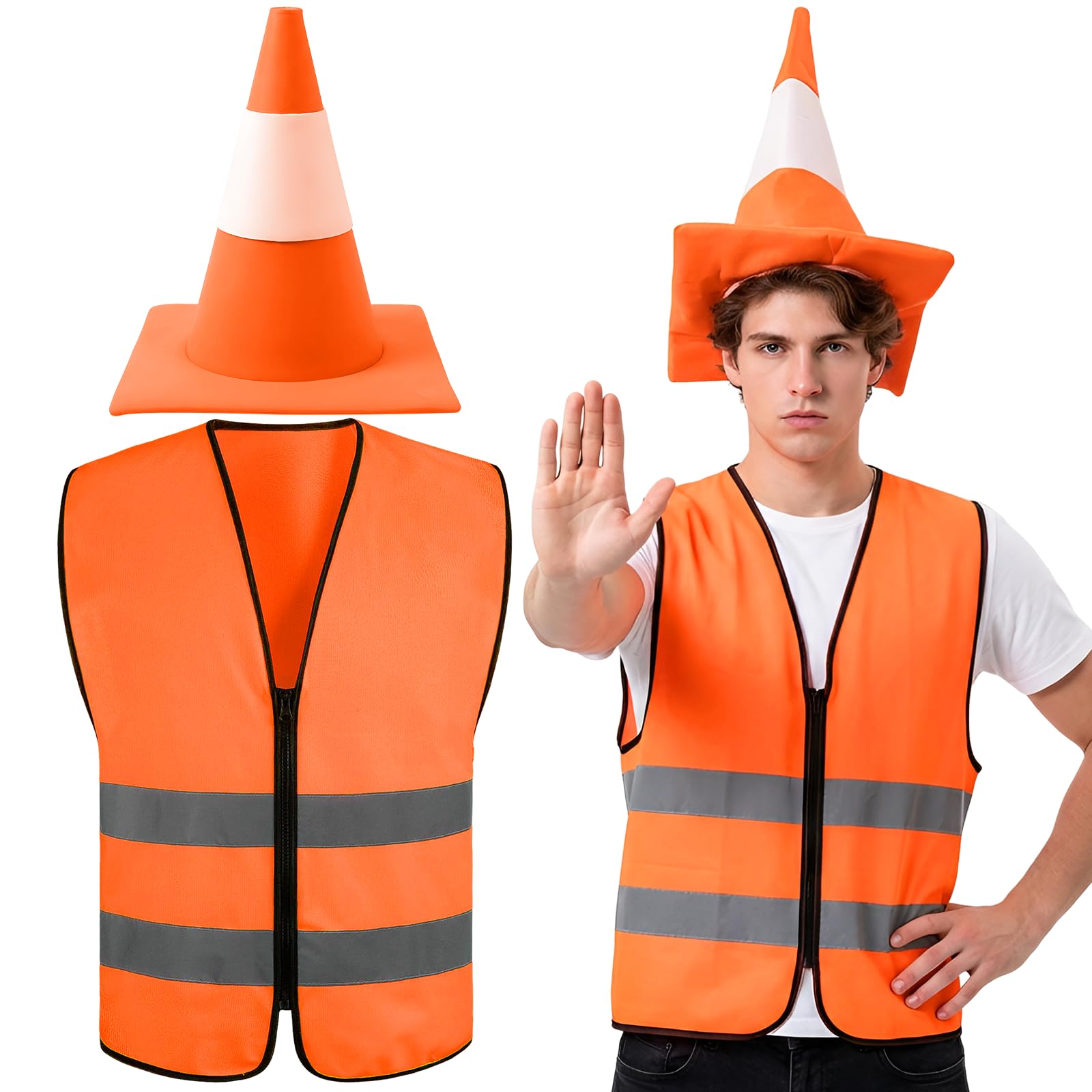 Kyndara 2Pcs Traffic Cone Costume Set for Adult, Unisex Traffic Cone Outfit Accessory Kit with Reflective Visibility Vest Hat for Halloween World Book Day Party Cosplay
