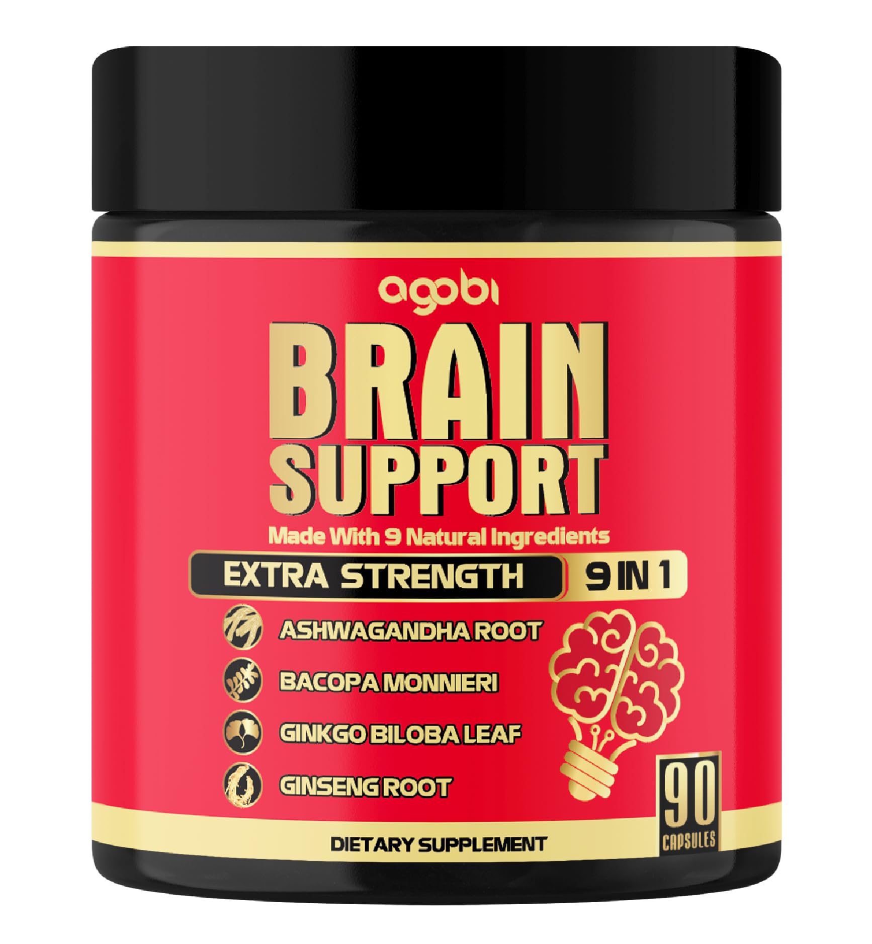 agobi Brain Support Supplement for 3 Months - Ashwagandha Root Extract 20:1, Gotu Kola, Bacopa Monnieri & More - 90 Capsules, Red
