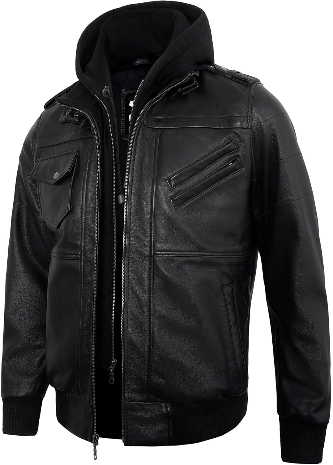 Hooded Leather Jacket Men - Casual Real Lambskin Outerwear Mens Leather Jackets With Detachable Hood - Image 2