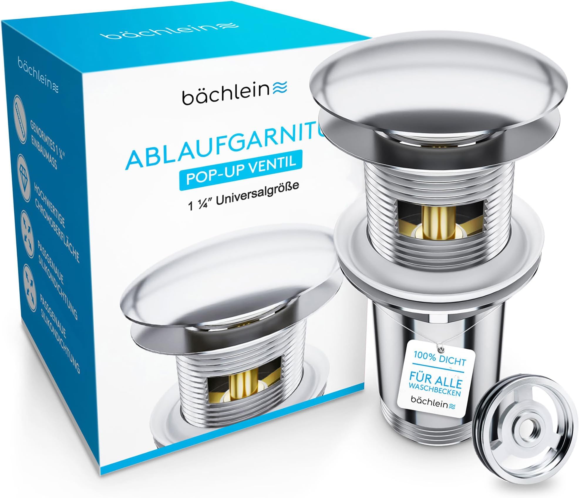 Bächlein Universal Waste Set with Overflow for washbasin & Vanity - Chrome pop-up Valve - incl. 3 Seals for washbasins of All Kinds, Waste Valve Waste Set - Installation with Instructions