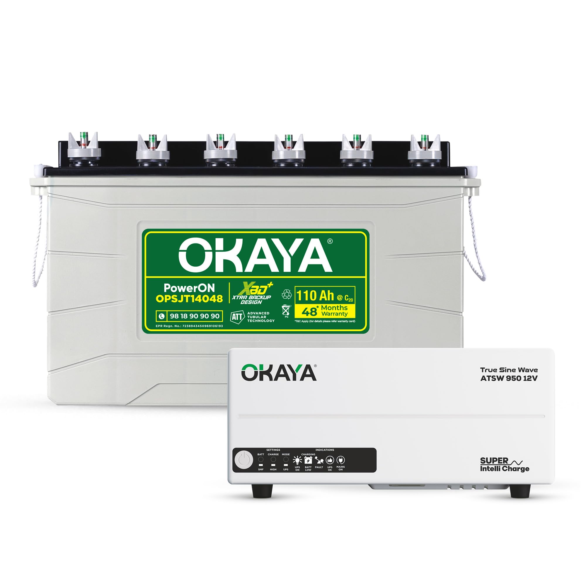 Okaya Inverter with Battery Combo for Home,Office & Shops|ATSW 950 12V Pure Sine Wave Inverter 700VA with OPSJT14048 110Ah Inverter Battery |Warranty:...