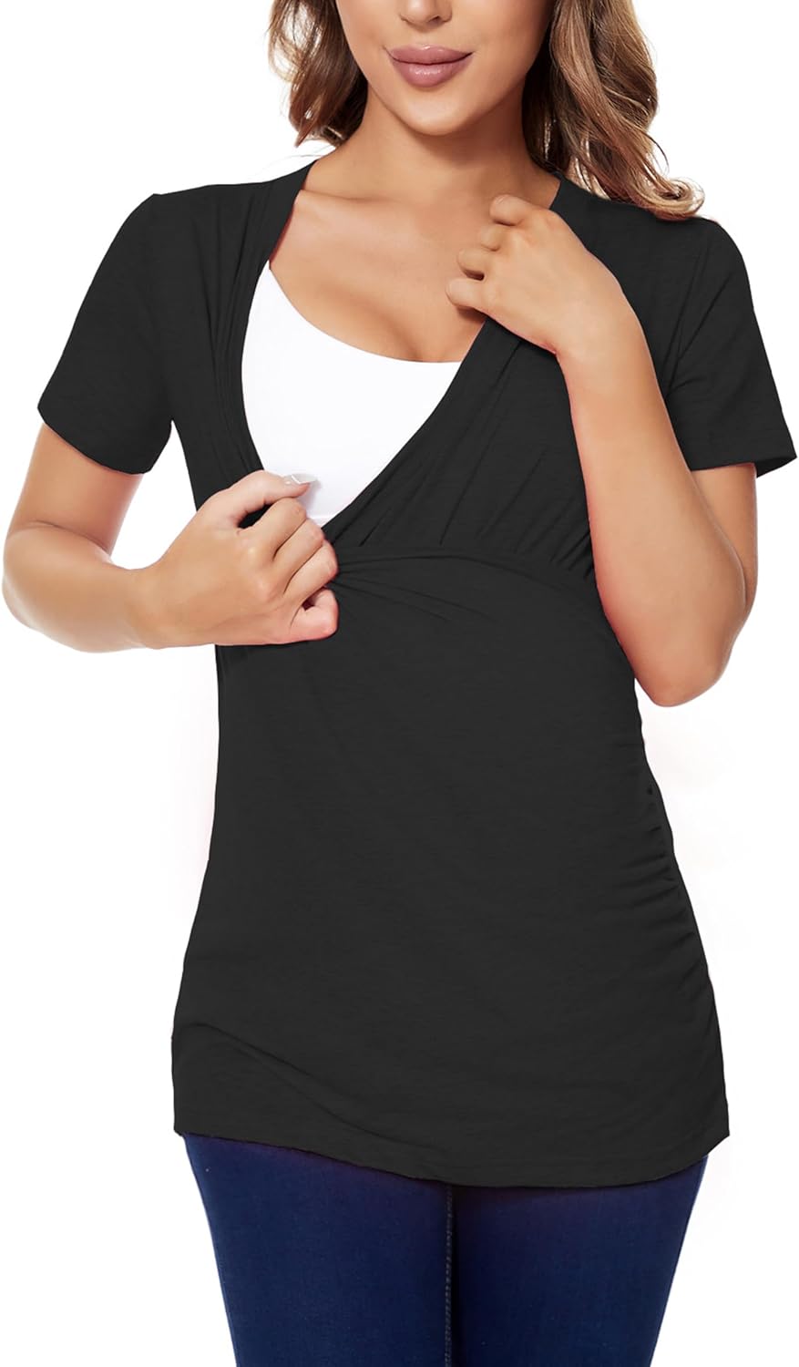 Liu & Qu Womens Maternity Nursing Tops Short Sleeve Breastfeeding Shirts Heather V Neck Clothes - Image 2