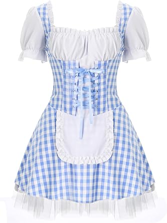 ranrann Women Maid Fancy Dress Gingham Miss Muffet Costume Halloween Party Cosplay Dress Up