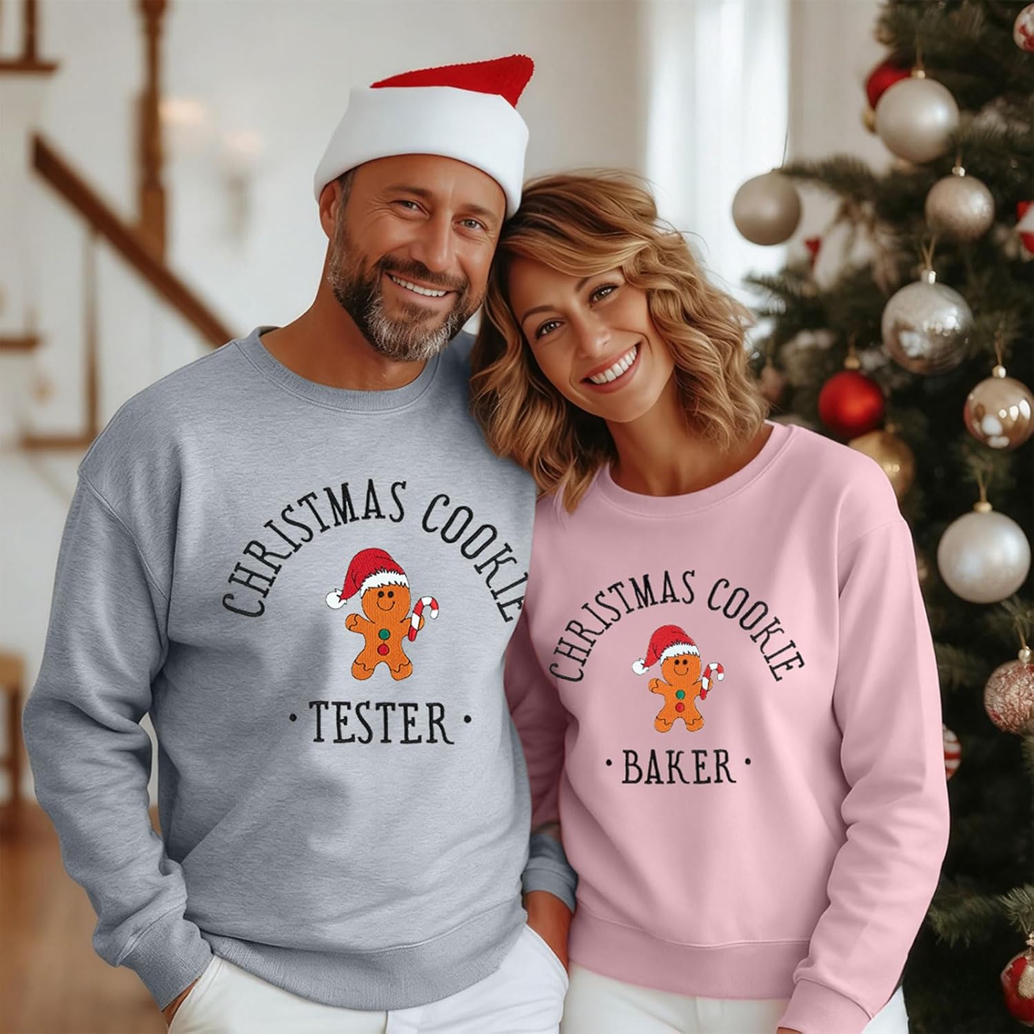 LOTUCY Christmas Couples Matching Sweatshirt Embroidered Gingerbread Baker and Tester Pullover Tops Xmas Couple Outfits - Image 5