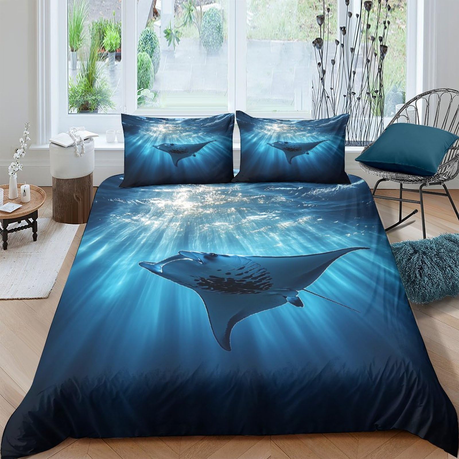 Ctjqhvkz Style-10 3D Printed Ocean Manta Ray Fitted Sheet Microfiber Soft Blue Sea Underwater Mattress Cover For Bedroom Dorm Decor Single（135X200cm）