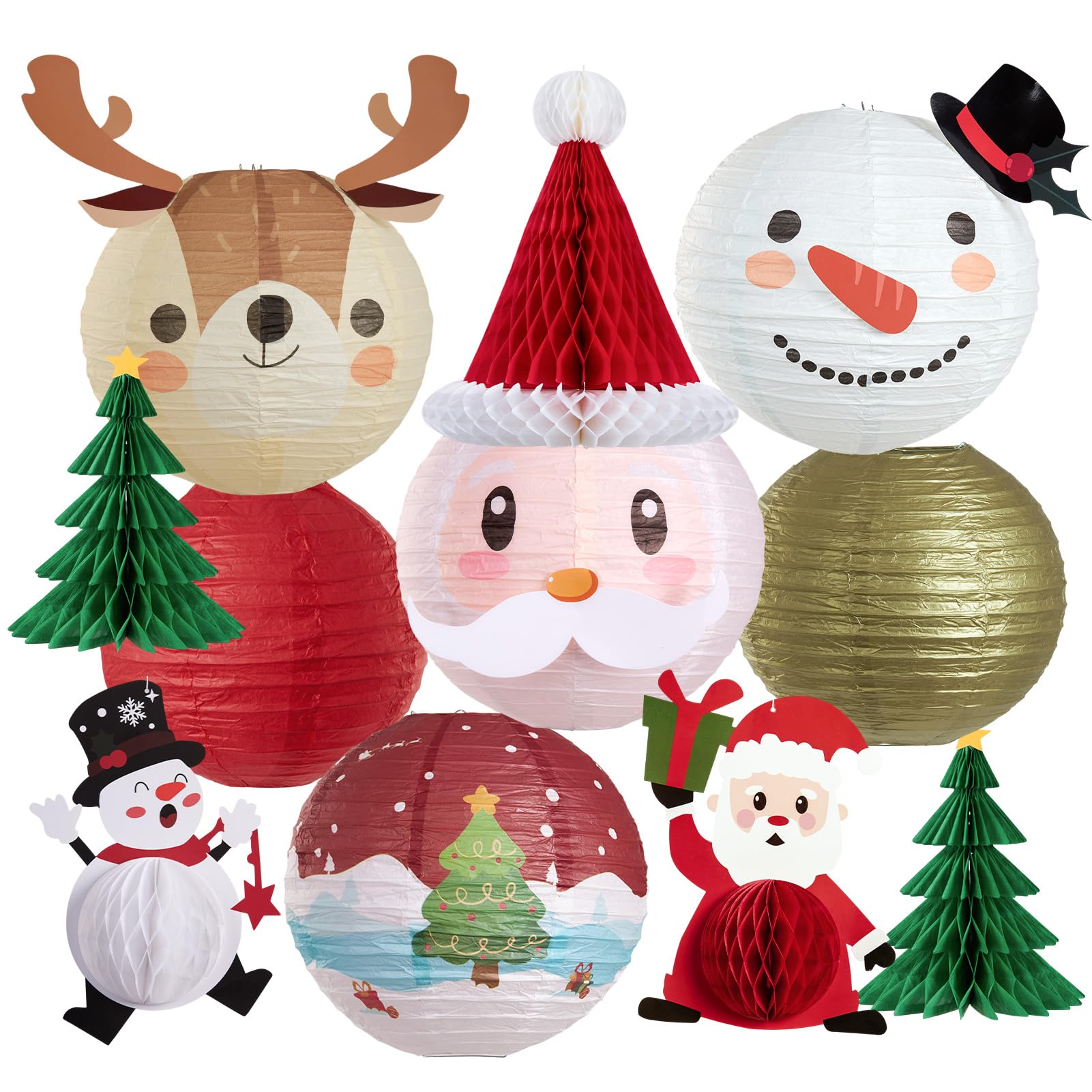 Christmas Paper Lanterns Hanging Classroom Christmas Decorations Ceiling Party Decorations Including 3D Xmas Hat, Santa Claus, Snowman Christmas Trees Honeycomb, for Xmas Holiday Home Indoor 11 PCS