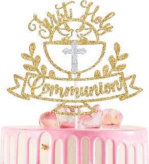 First Holy Communion Cake Topper, God Bless This Child/On Your Confirmation, Dove Cross Religious Christening Baptism Baby’s 1st Communion Baby Shower Party Decorations Supplies Gold Glitter