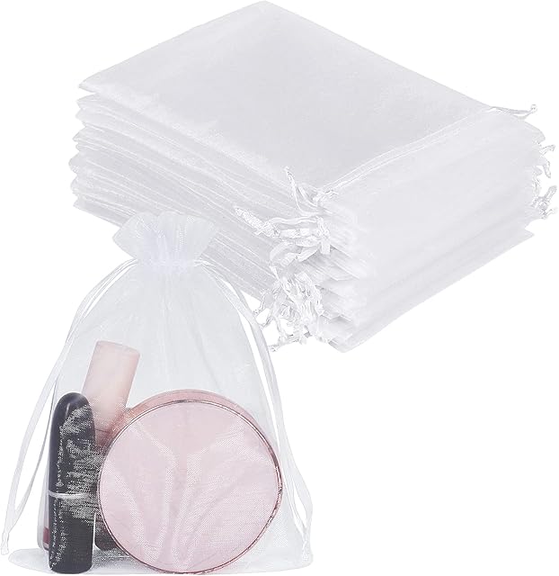 100PCS White Organza Bags Medium , 13X18cm Mesh Wedding Favour Bags with Drawstring for Jewelry Candy Makeup Baby Shower Christmas Festival Packing