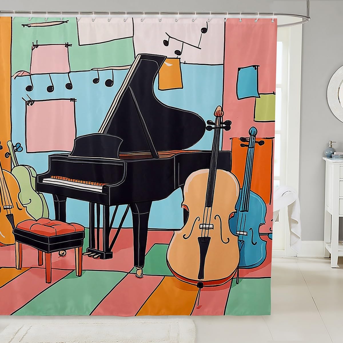 Rideau de douche textile thème musical violon piano abstrait
