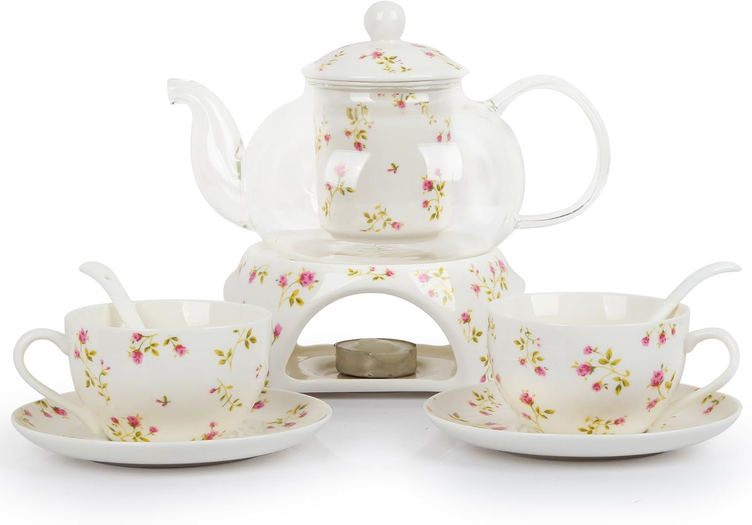Kendal Tea Pot with Cups and Saucer for Adults, 2 Cups Porcelain Tea Set with Teapot and Warmer QCMG
