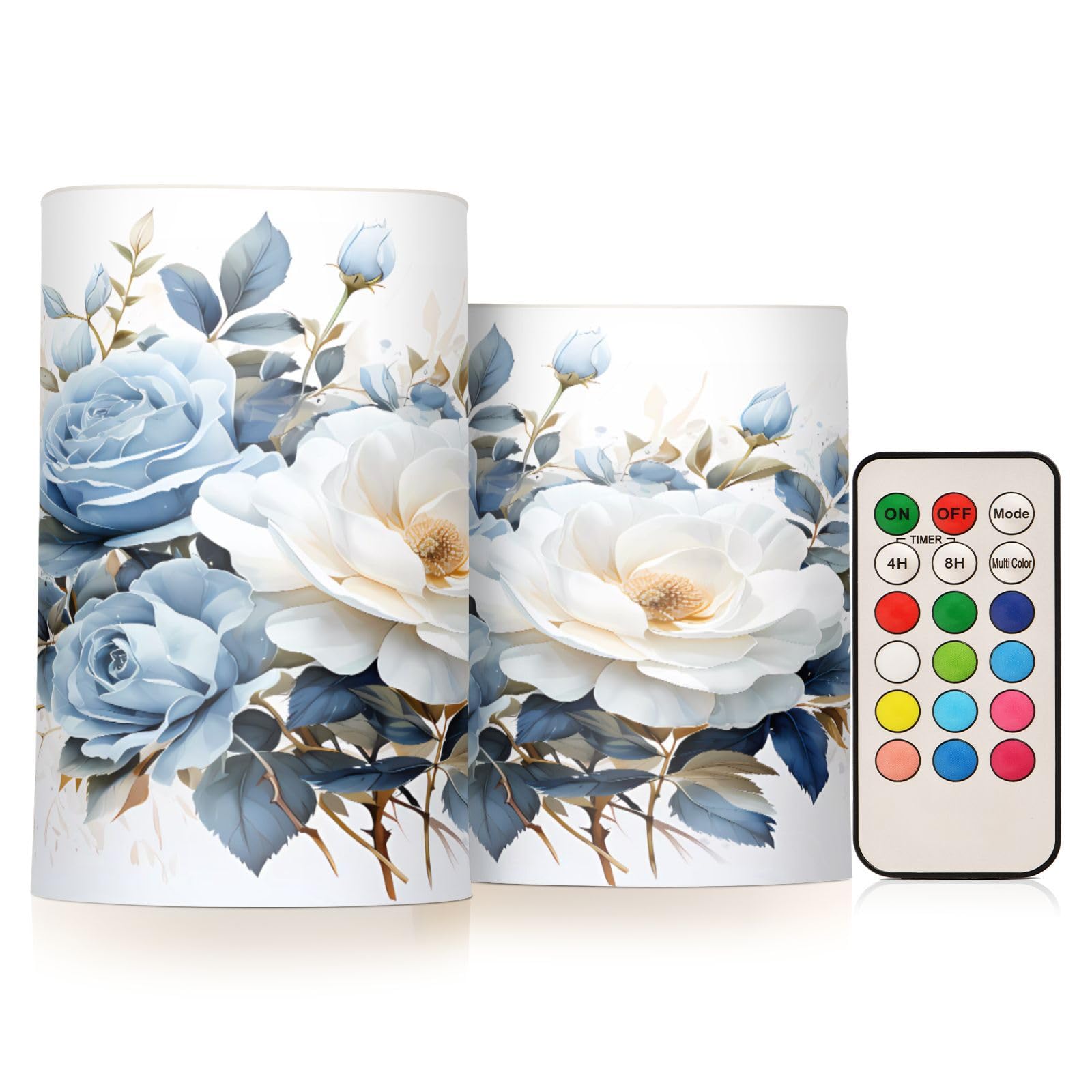 Mnsruu Flickering Flameless Candles Blue White Flower LED Candles with Remote Timer Set of 2 Battery Operated Candle Home Decoration