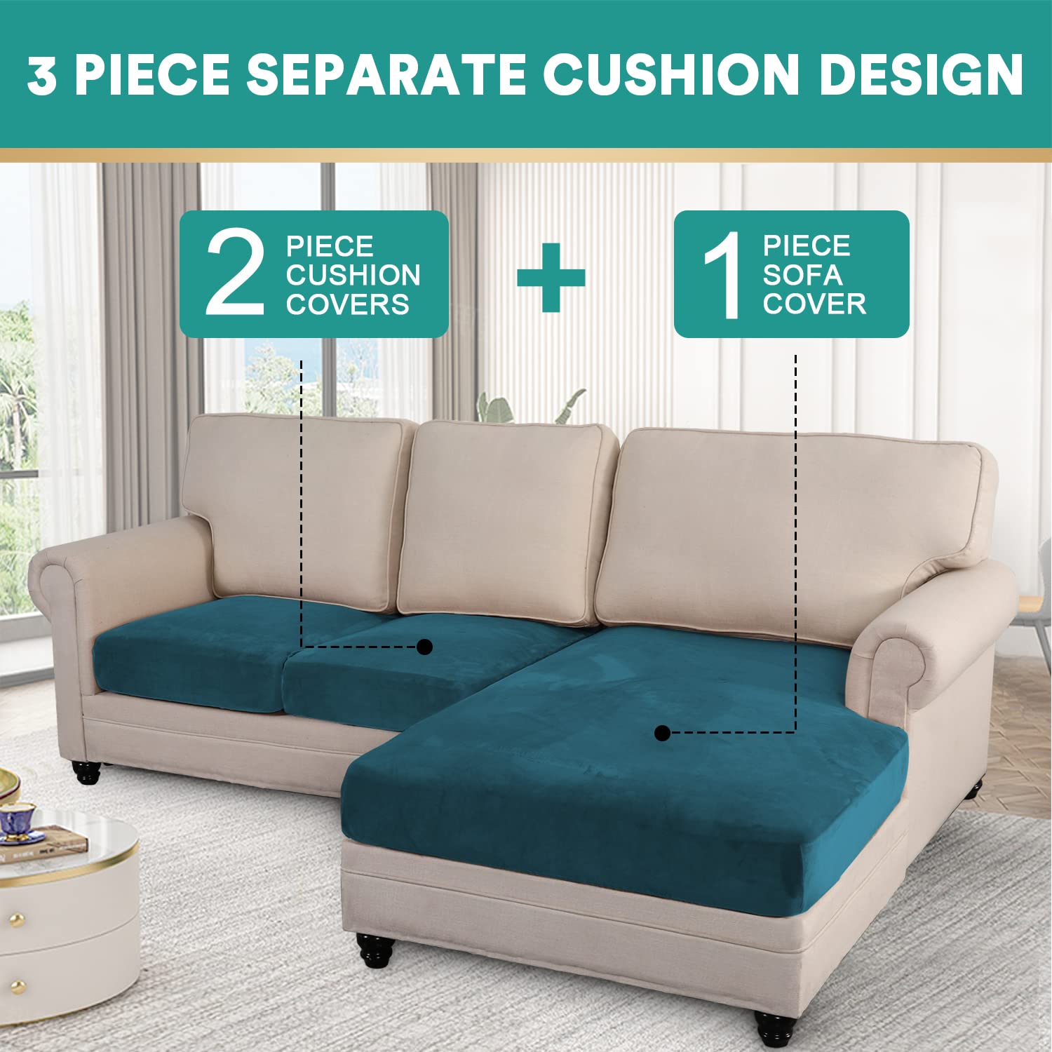 Mingfuxin Sectional Couch Covers 3 Pieces Velvet Sofa Seat Cushion Covers L Shape Separate Cushion Couch Chaise Cover Elastic Furniture Protector for Both Left/Right Sectional Sofa Couch - Image 2