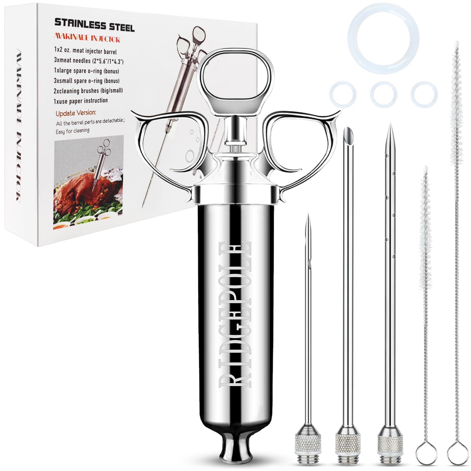RIDGEPOLE Meat Injector, Marinade Injector with 3 Marinade Needles,Seasoning Injector, Turkey Injector Syringe?2-OZ Large Capacity, All Stainless Steel 2024 UPDATE