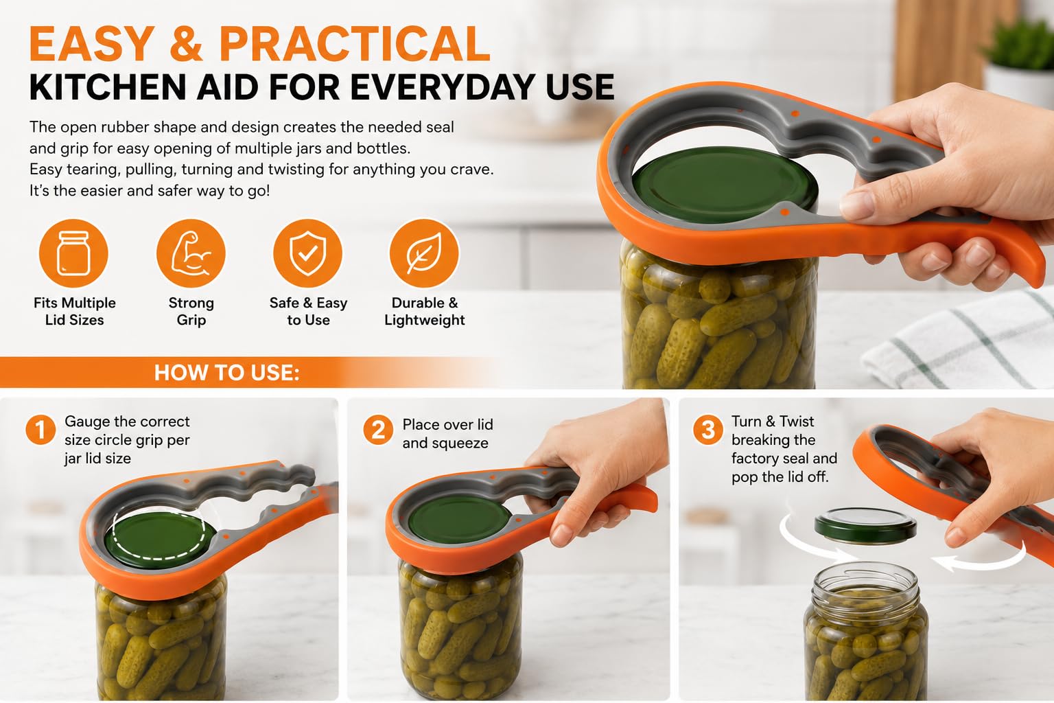 4 in 1 Creative Multifunction Gourd-Shaped Can Opener Kitchen Tool Grip Jar & Bottle Opener Rubber Design Fits All Bottles Caps Premium Easy Grip Jar Opener — Amazon image 5