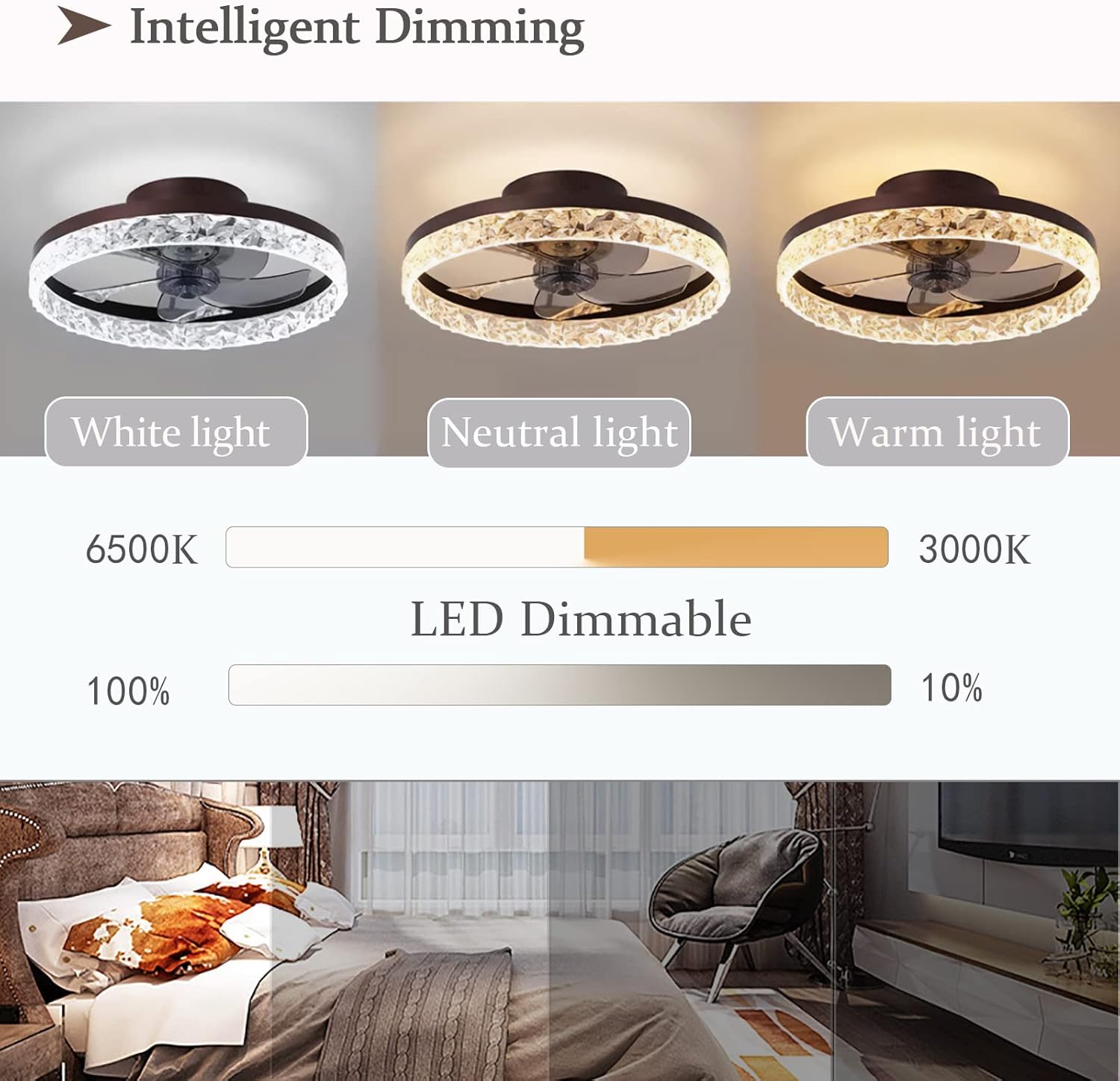 YUEGOO Ceiling Fans with Lamps,Remote App Control Dc Reversible Crystal Ceiling Fan Chandelier Silent Dimmable Ceiling Fan with Led Lamp Winter Summer Mode for Bedroom Living Room/D