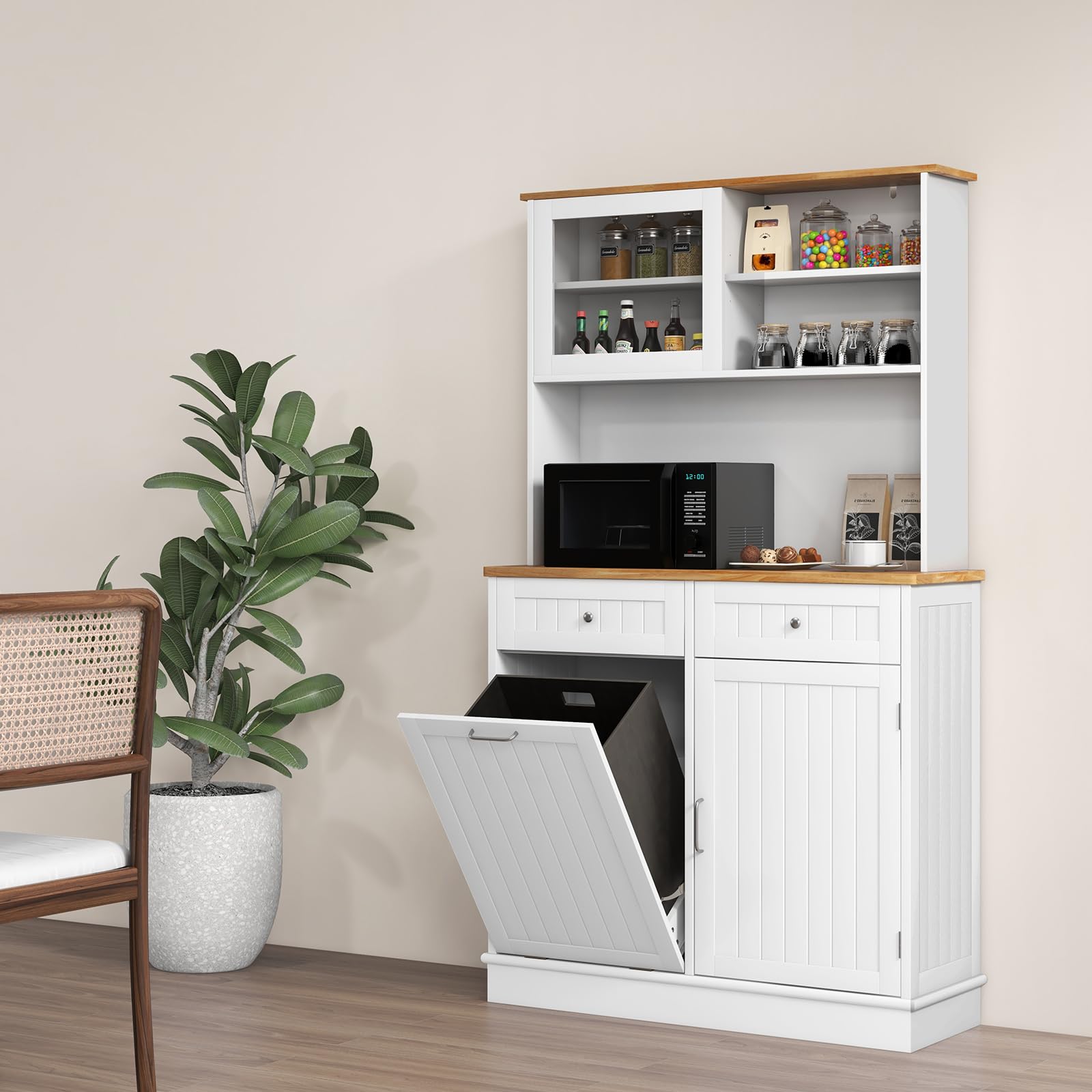 GIANTEX Kredens kuchenny, 3-drzwiowy, 2 szuflady, szafka kuchenna z koszem na śmieci 37,8 l, blat drewniany, 3 regulowane półki, 4 szafy, do salonu, 100 x 34 x 172 cm (biały)