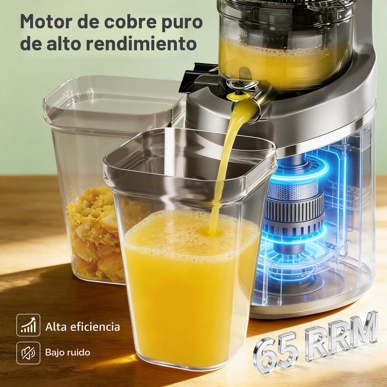 Exprimidor 250W 2,3 L prensado en frío, para frutas y verduras enteras, 65 RPM, eléctrico, con tolva de alimentación de 12 cm, Extractor de zumos y verduras