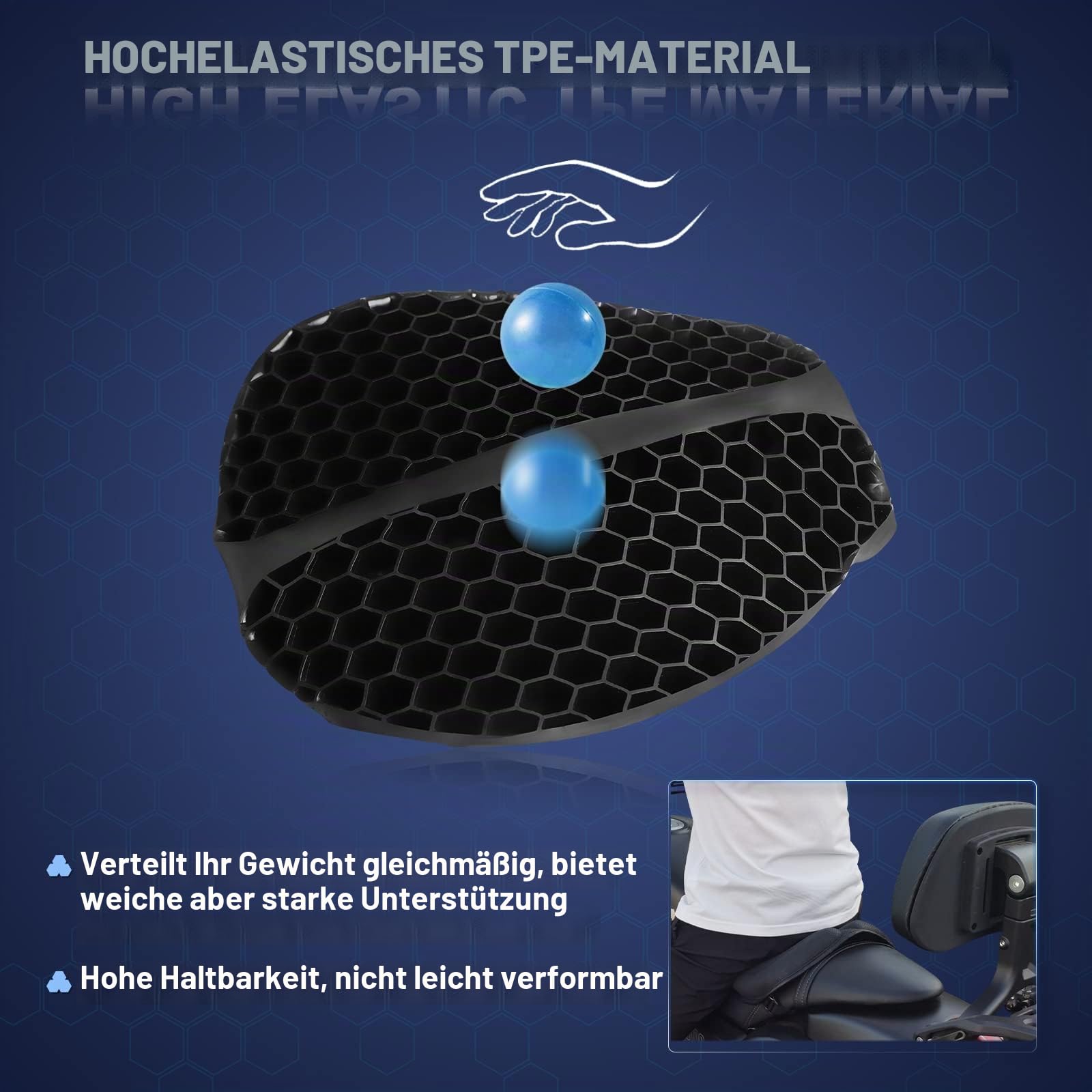 Faltbares Motorrad Gel Sitzkissen, Große 3D Wabenstruktur Stoßdämpfung & Atmungsaktives Sitzpolster für Lange Fahrten (L)