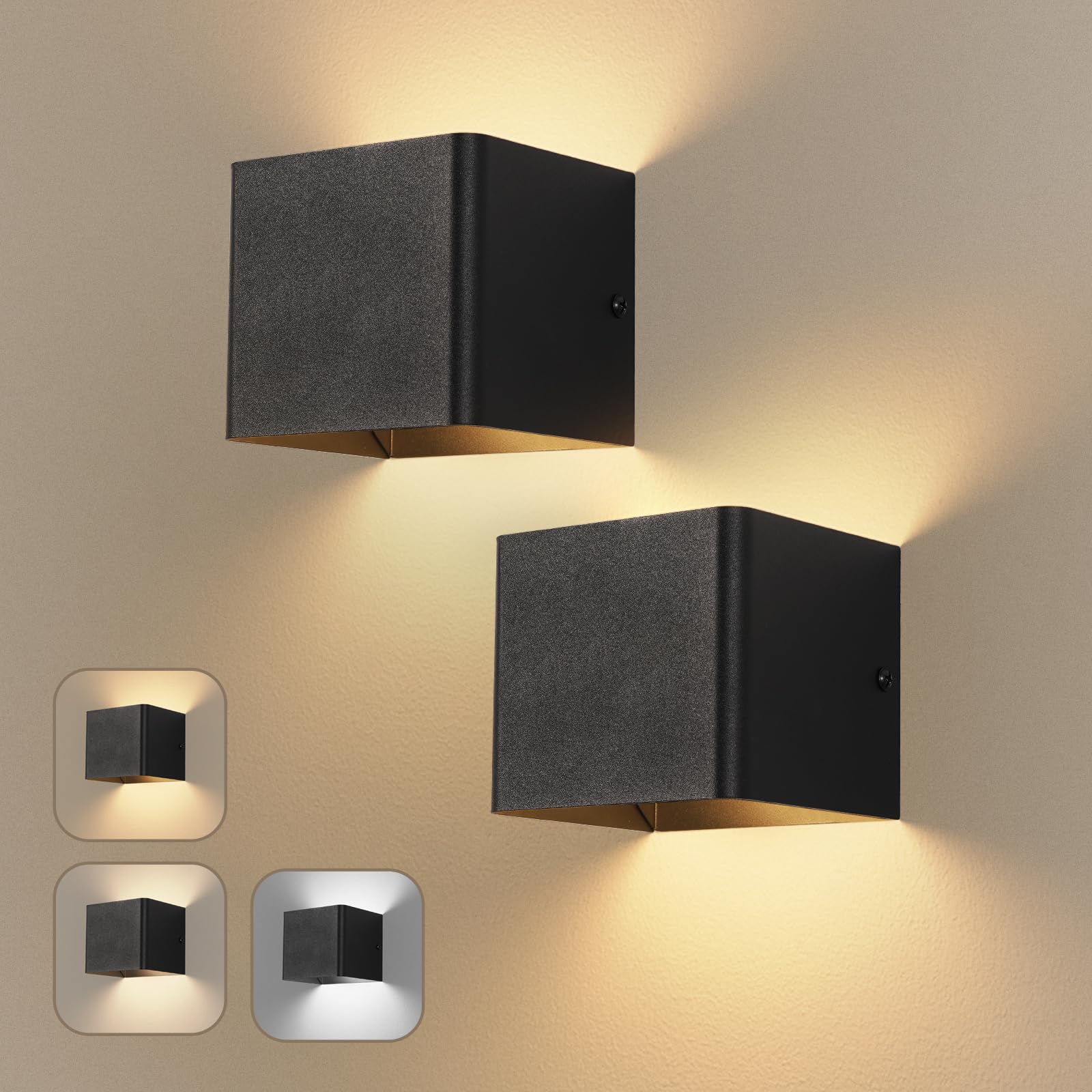 Dehobo Wandleuchte LED Innen - Schwarz Wandlampe Innen USB Wiederaufladbare 1.5W 3000K 4000K 6000K - Moderne Innen Aussen Wandlampe für Wohnzimmer Schlafzimmer Treppen Flur - 2 Stück