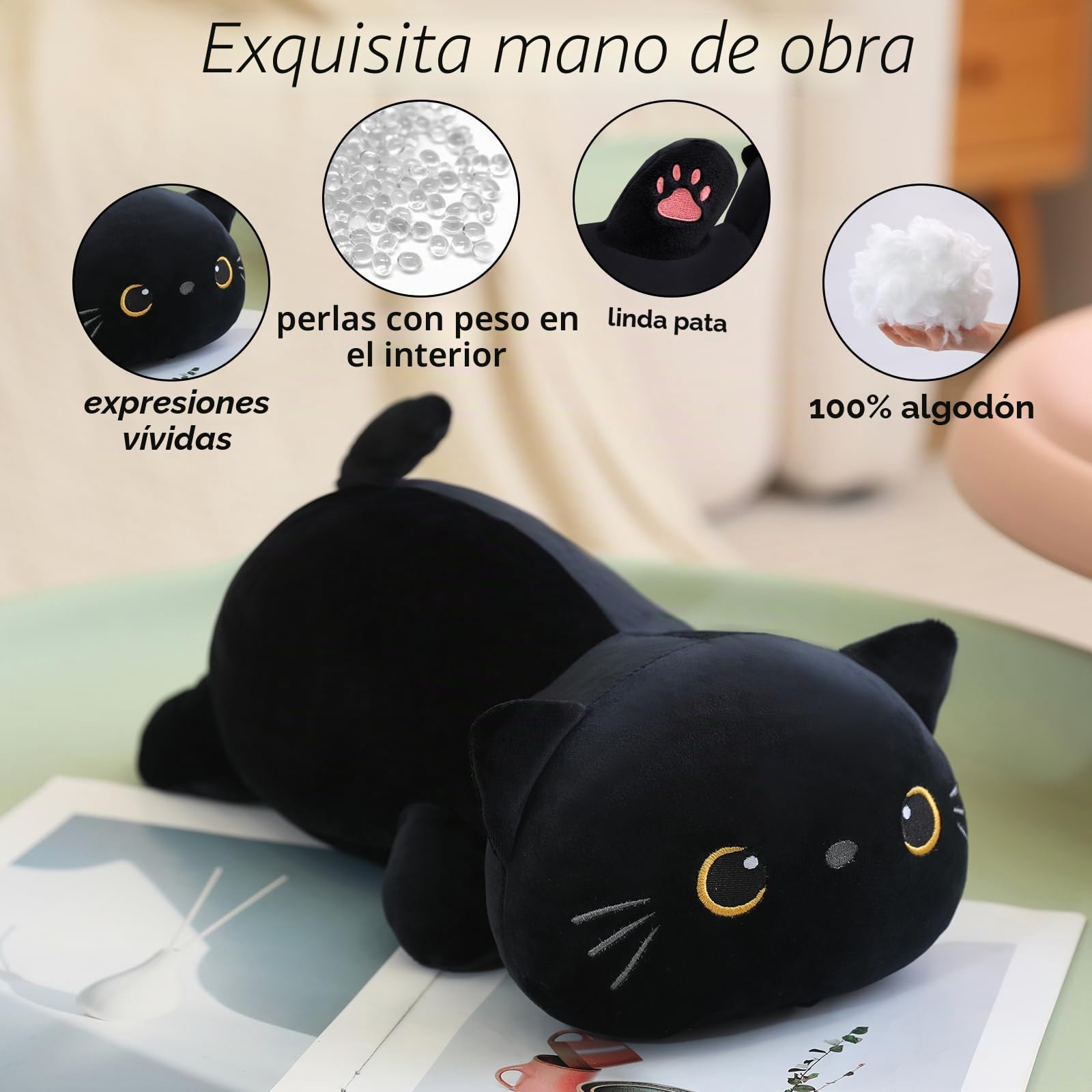 SQEQE Gato de Peluche con Peso, Gato Negro, cojín de Peluche con Peso, Lindos Juguetes de Peluche para niños y Adultos, 35 cm