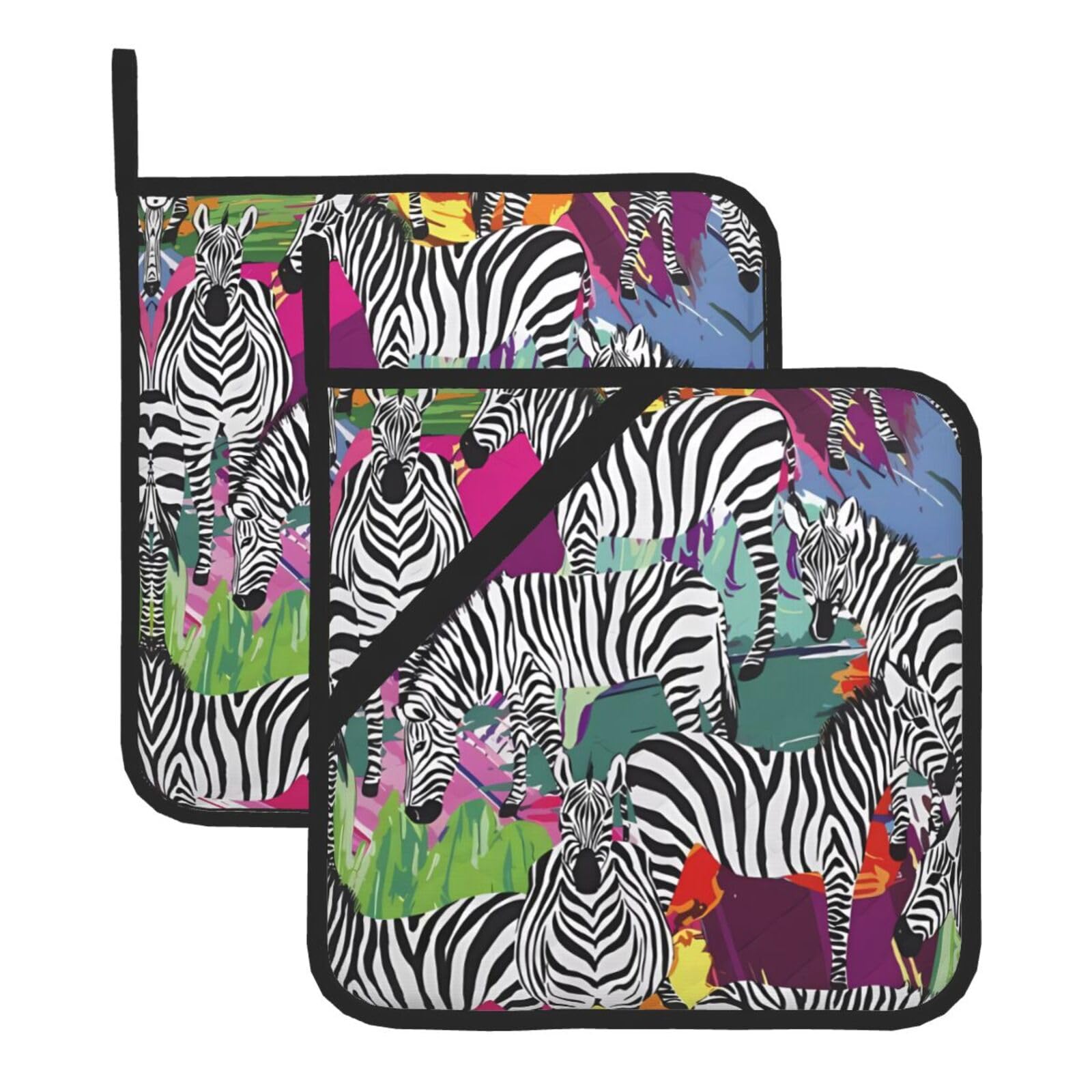 WHJSSF Zebra Prints Square Pot Holders - Heat Resistant Kitchen Trivets 2-Pack - Waterproof Covers for Hot Dishes, Oven & Grill with Hanging Loop
