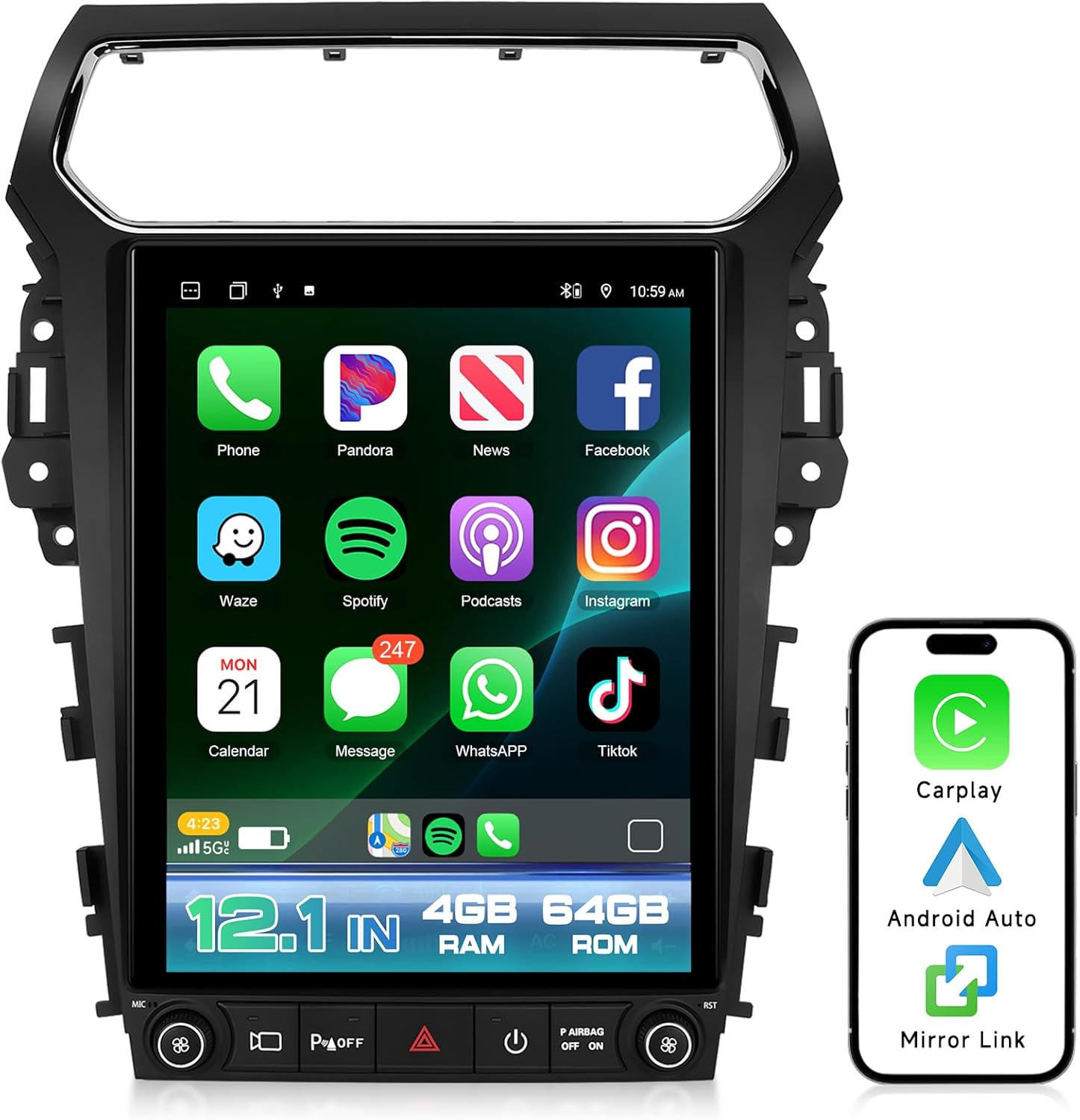 8 Core 4+64G Car Radio for Ford Explorer 2011-2019 Stereo Upgrade with 5G Wifi/4G LET DSP Carplay/Android Auto AM/FM,12.1'' Tesla Style Android 15 IPS Touchscreen Radio BT 5.0 SWC Backup Camera